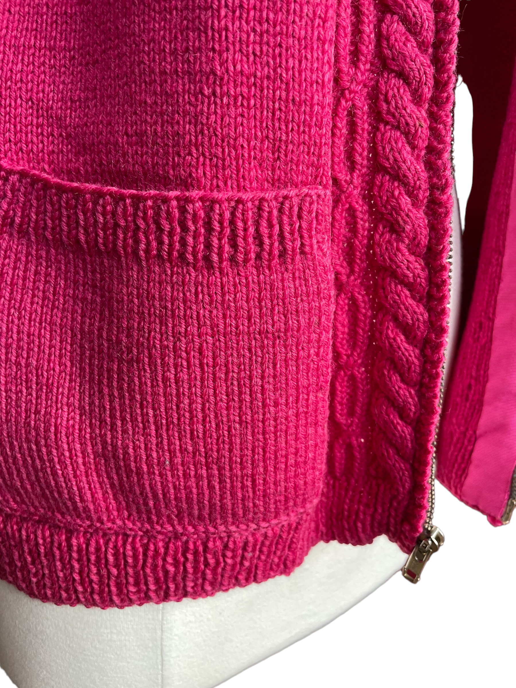 Right side pocket view Vintage 1940's Wool Hand Knit Magenta Zip Up Cardigan Sweater | Barn Owl Vintage | Seattle True Vintage