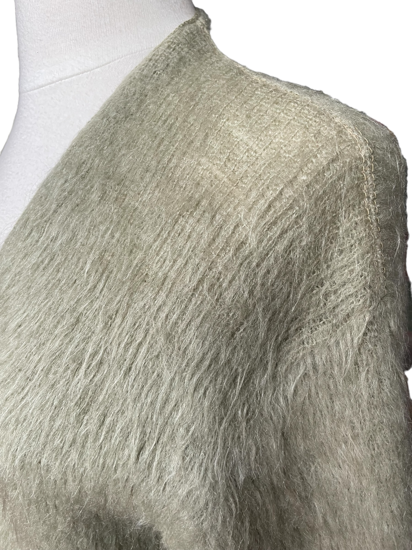 Threadbare Left Shoulder View of Vintage McGregor Powder Snow Mohair Cardigan SZ M | Barn Owl Vintage | Vintage Mohair Cardigan