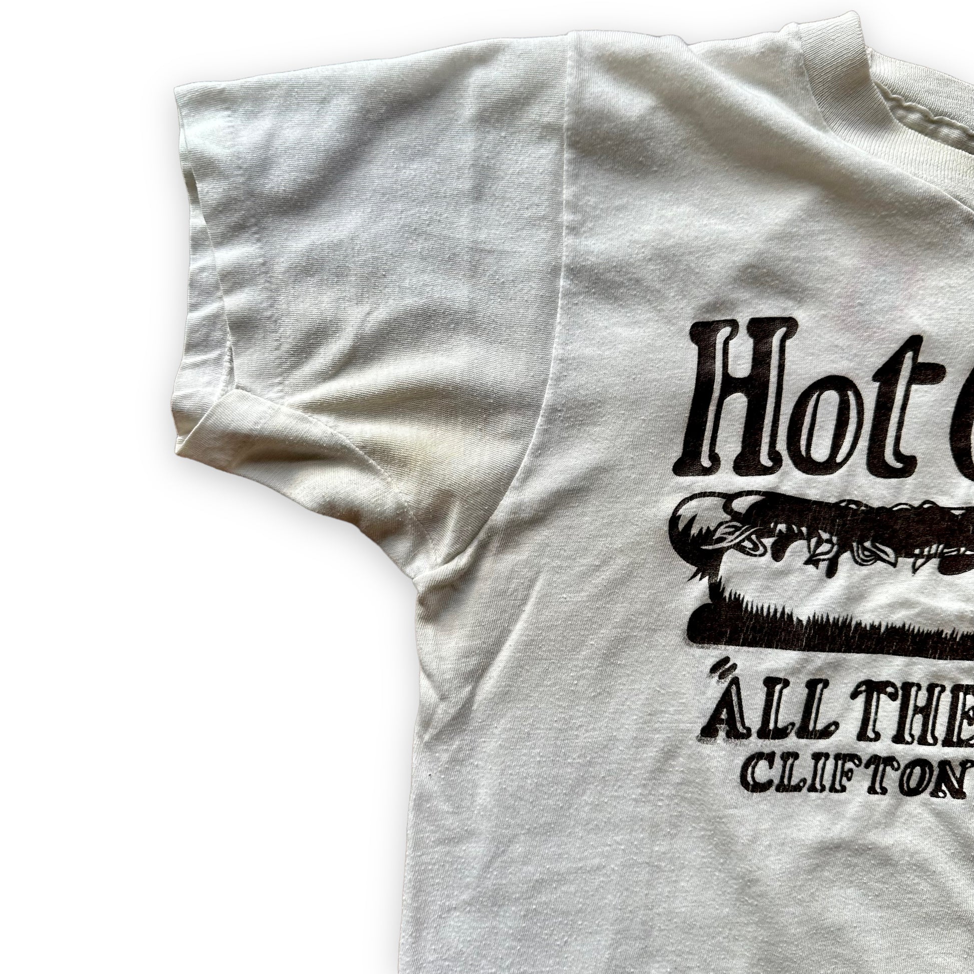 Discoloration in right armpit on Vintage Hot Grill "All The Way" Clifton NJ Hot Dog Tee SZ M |  Vintage Single Stitch T-Shirt | Barn Owl Vintage Seattle