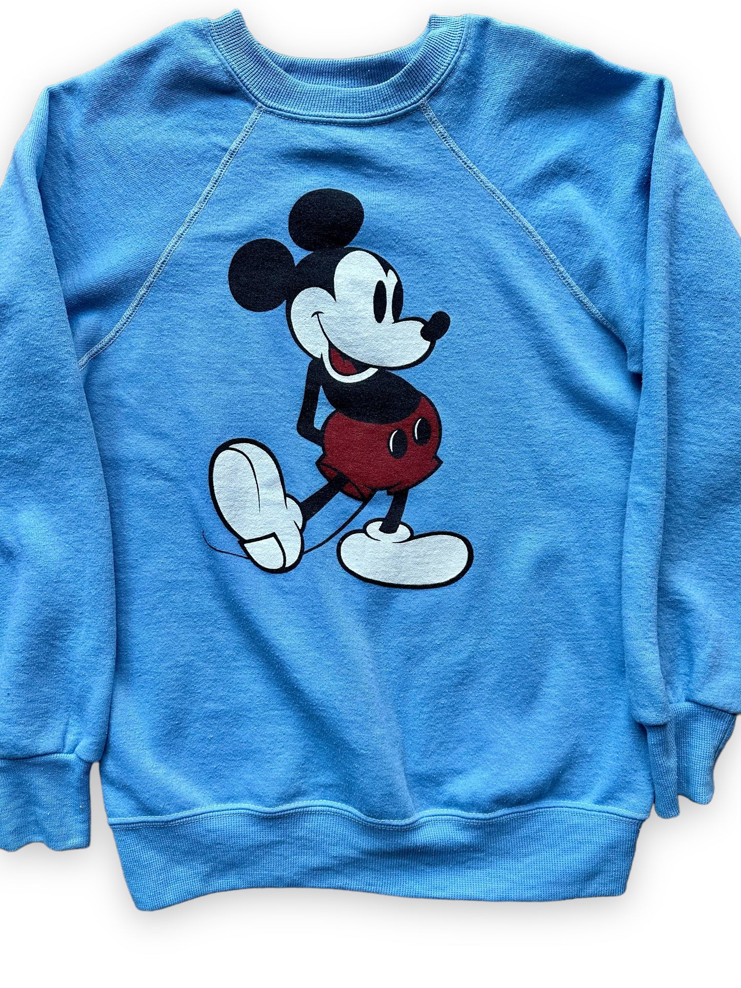 Close Up Graphic Detail on Vintage Disney Mickey Mouse Light Blue Sweatshirt SZ S | Vintage Crewneck Sweatshirt Seattle | Barn Owl Vintage Seattle
