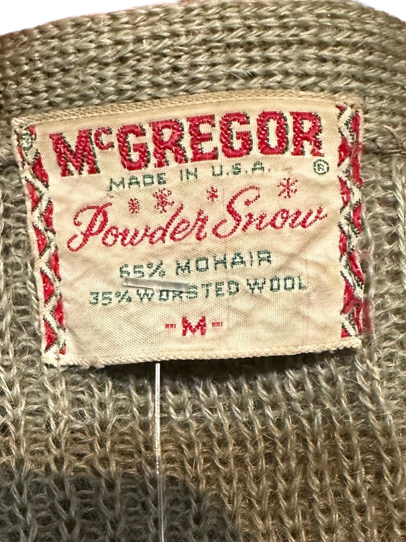 Tag View of Vintage McGregor Powder Snow Mohair Cardigan SZ M | Barn Owl Vintage | Vintage Mohair Cardigan