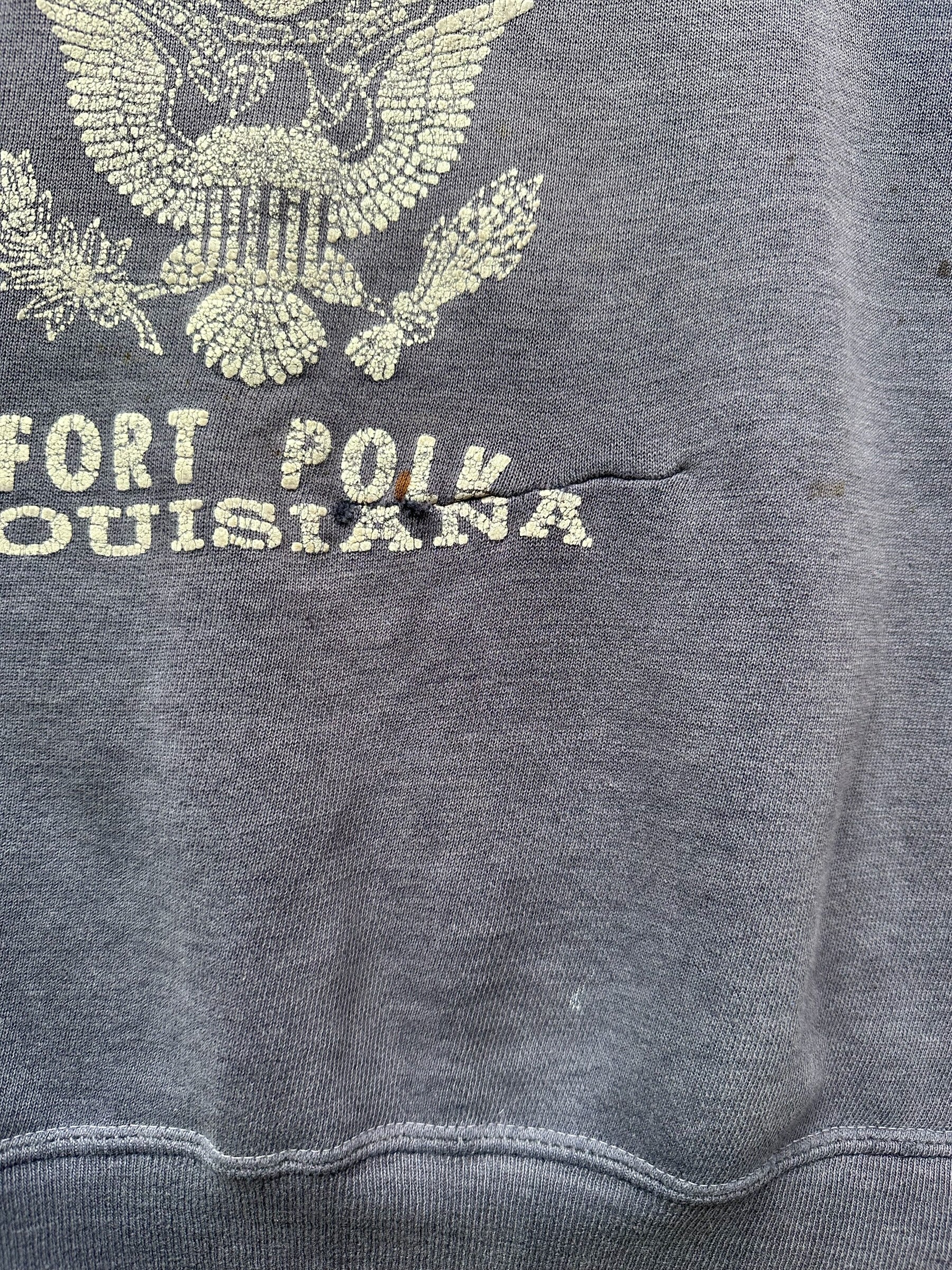 Repair on Front of Vintage US Army Fort Polk Short Sleeve Sweatshirt SZ M | Vintage Crewneck Sweatshirts | Barn Owl Vintage Seattle