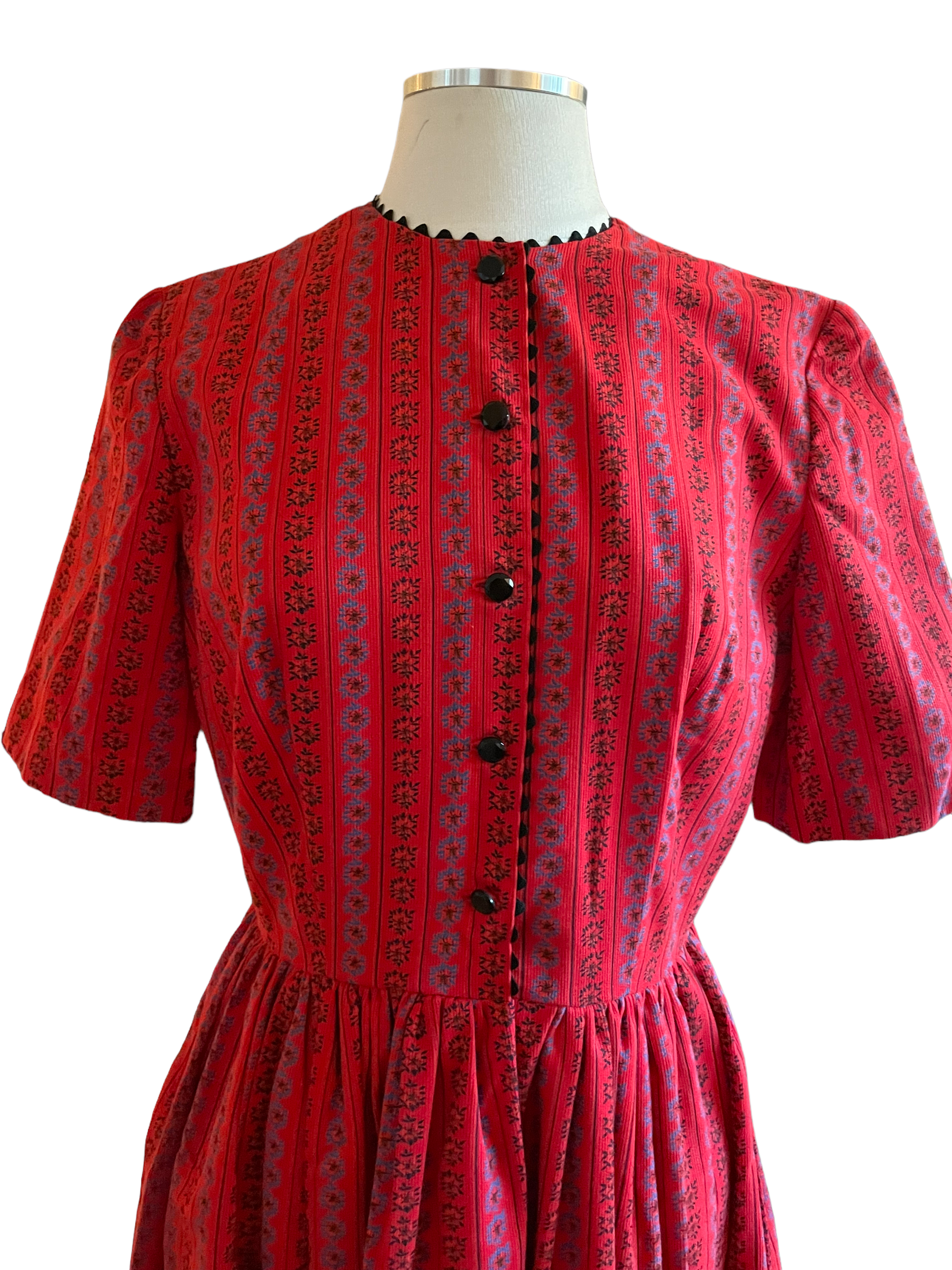 Vintage 1950s Red Corduroy Dress SZ S-M |  Barn Owl Vintage | Seattle Vintage Dresses Front upper view.