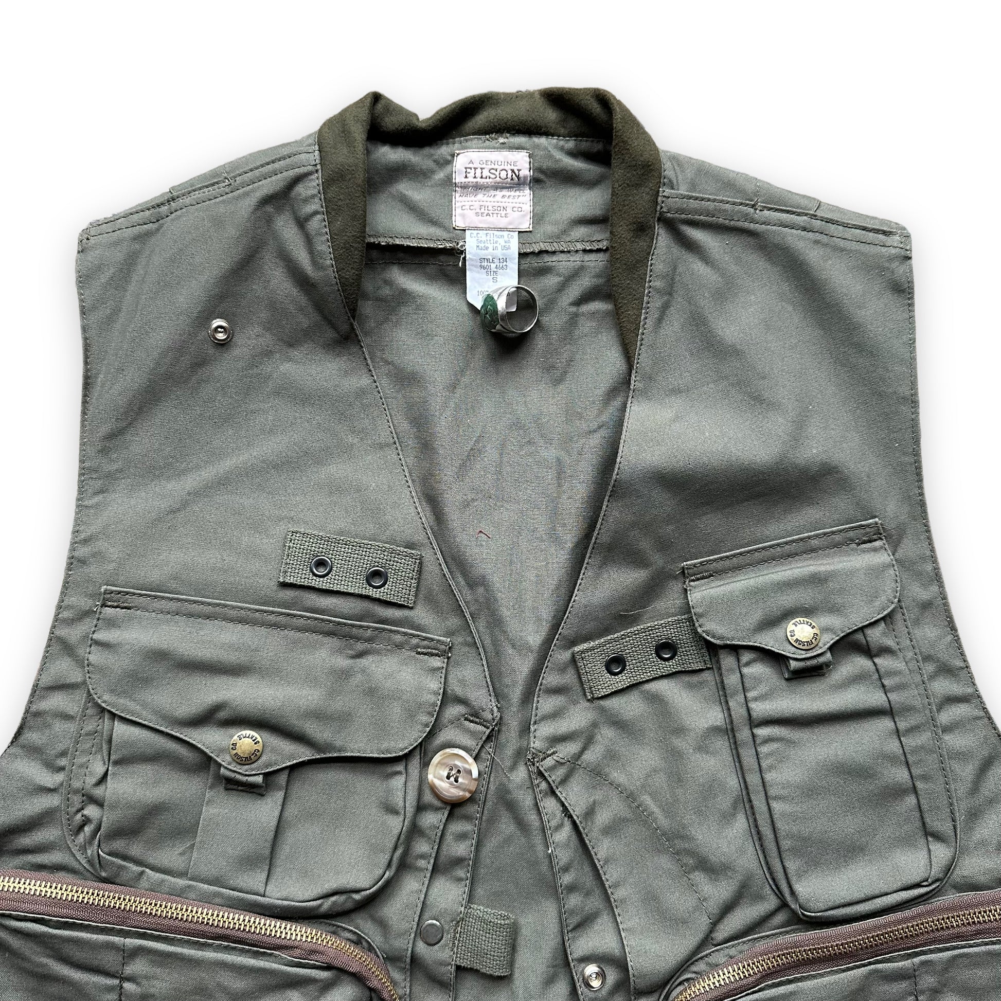 Upper Front View of Vintage Filson Fly Fishing Vest Style 134 SZ S |  Filson Tin Cloth Vests Seattle | Barn Owl Vintage