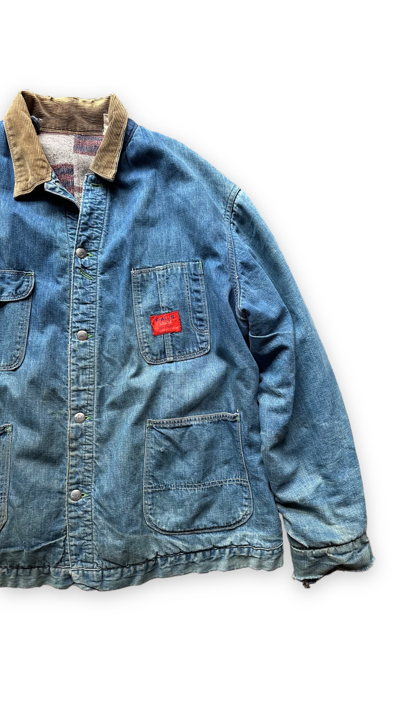 Front Left Side VIew of Vintage K-Alls Brand Blanket Lined Denim Chore Jacket SZ XL | Seattle Vintage Workwear | Barn Owl Vintage