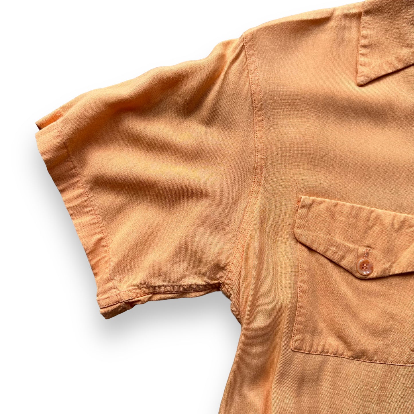 Right Sleeve View on Vintage Nat Nast Peach Colored Chainstitched Bowling Shirt SZ M | Vintage Bowling Shirt Seattle | Barn Owl Vintage Seattle