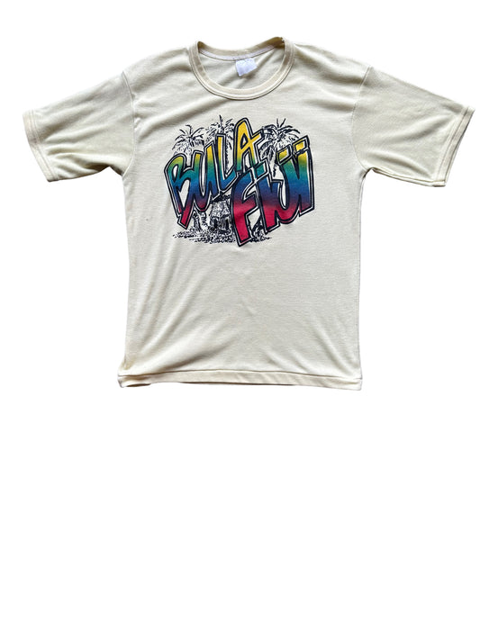 Front View of Vintage Bula Fiji Yellow Graphic Tee SZ L | Vintage T-Shirts Seattle | Barn Owl Vintage Tees Seattle