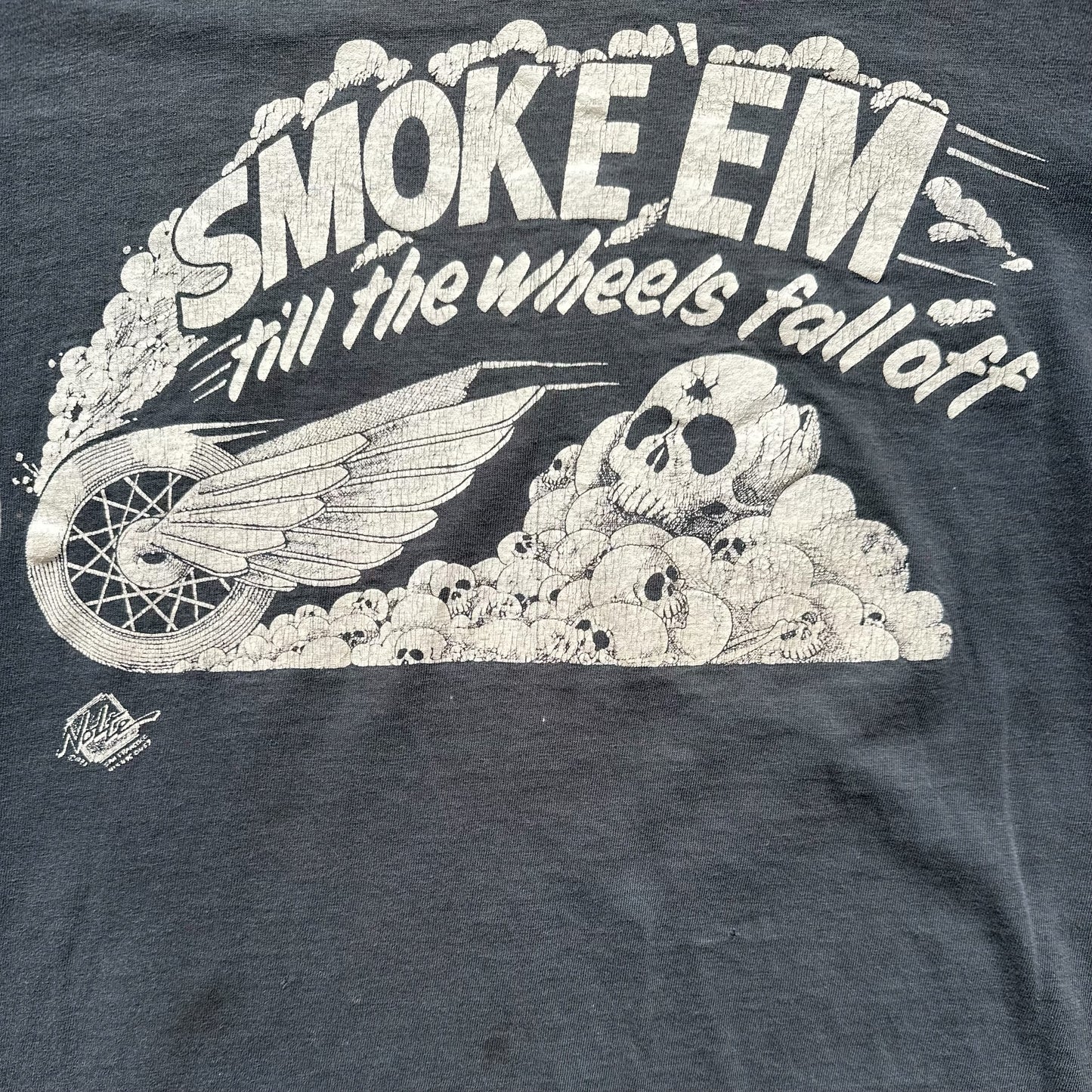 Graphic Detail on Vintage 1981 Smoke Em Til The Wheels Fall Off Harley Davidson TShirt SZ L | Vintage Harley Tee | Barn Owl Vintage Seattle