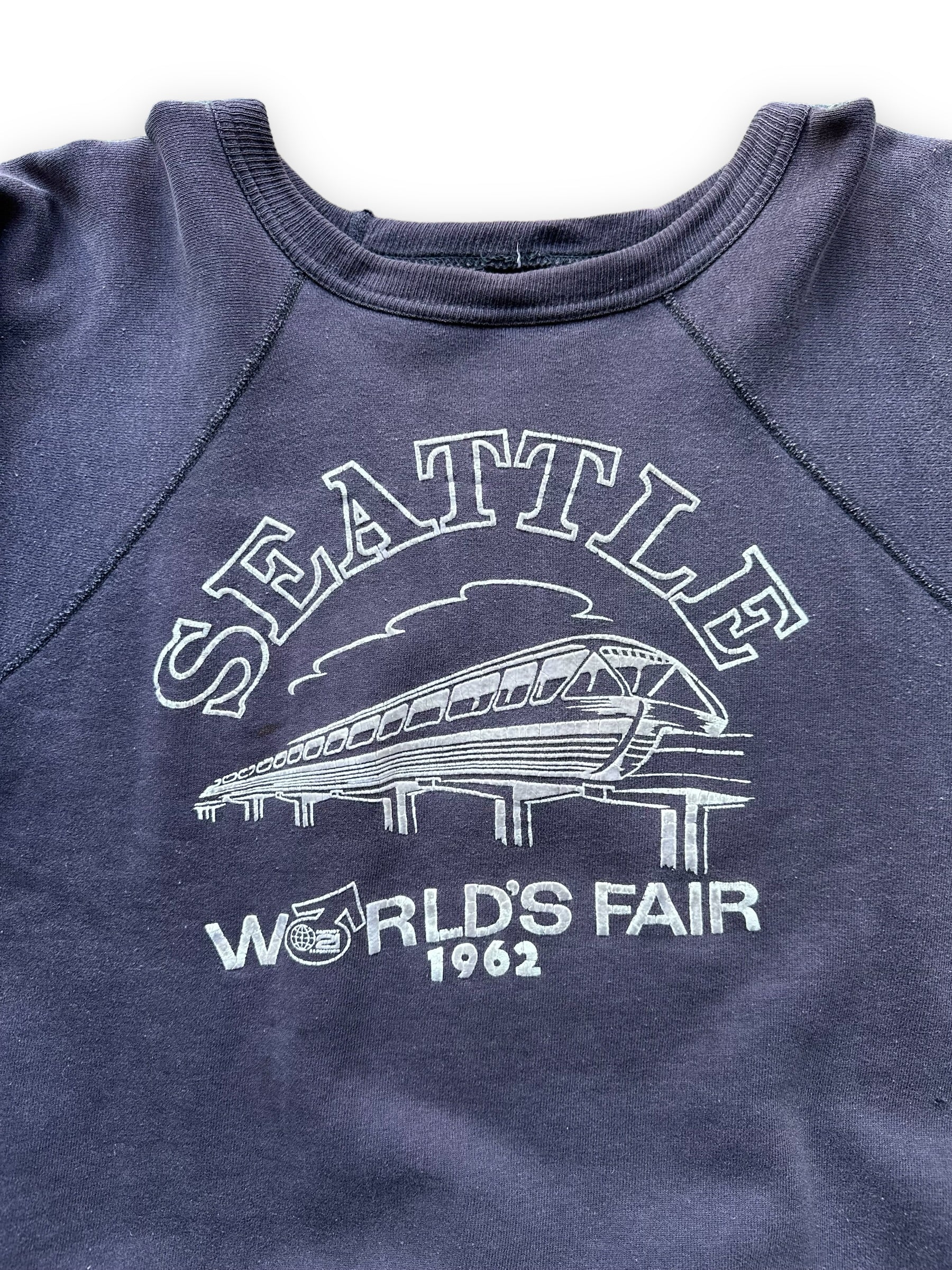 Flocked Graphic Close Up on Vintage Original Flocked Seattle World's Fair 1962 Navy Blue Crewneck |  Vintage Sweatshirts Seattle |  Barn Owl Vintage
