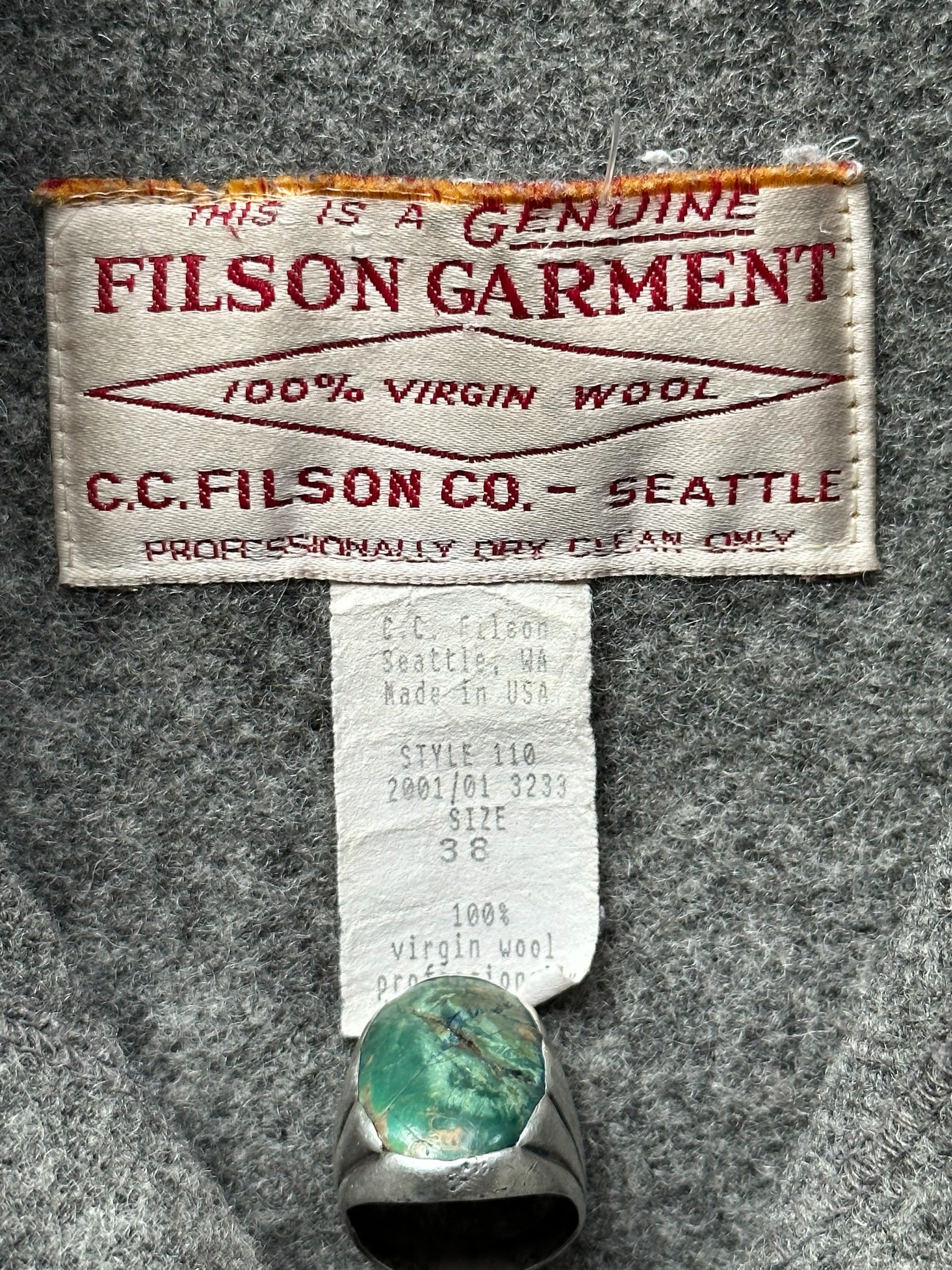 Tag View of Vintage Filson Grey Mackinaw Cruiser SZ 38 |  Barn Owl Vintage Goods | Vintage Workwear Seattle