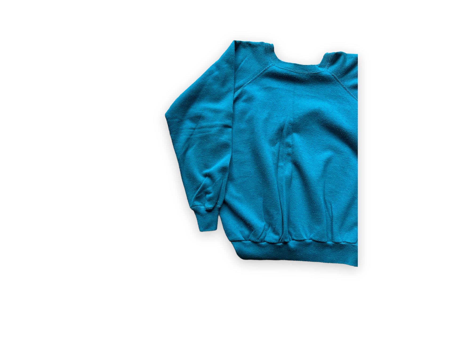 Front Right View of Vintage Teal Raglan Blank Crewneck Sweatshirt | Vintage Crewneck Sweatshirt Seattle | Barn Owl Vintage Clothing