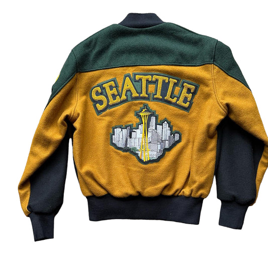 Rear View of Seattle Supersonics Green Black and Yellow Prototype Jacket SZ L | Vintage Seattle Supersonics  | Seattle Vintage Basketball