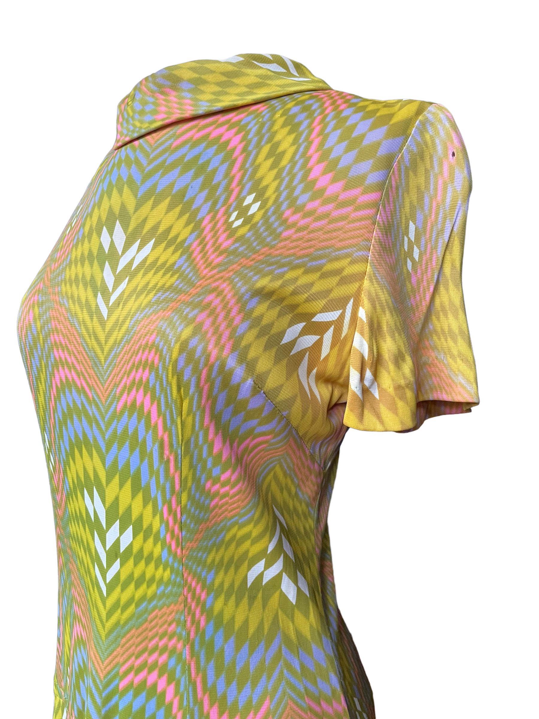 Left front shoulder view of Vintage 1960s Geometric Pattern Dress SZ M | Seattle Vintage Dresses | Barn Owl Vintage