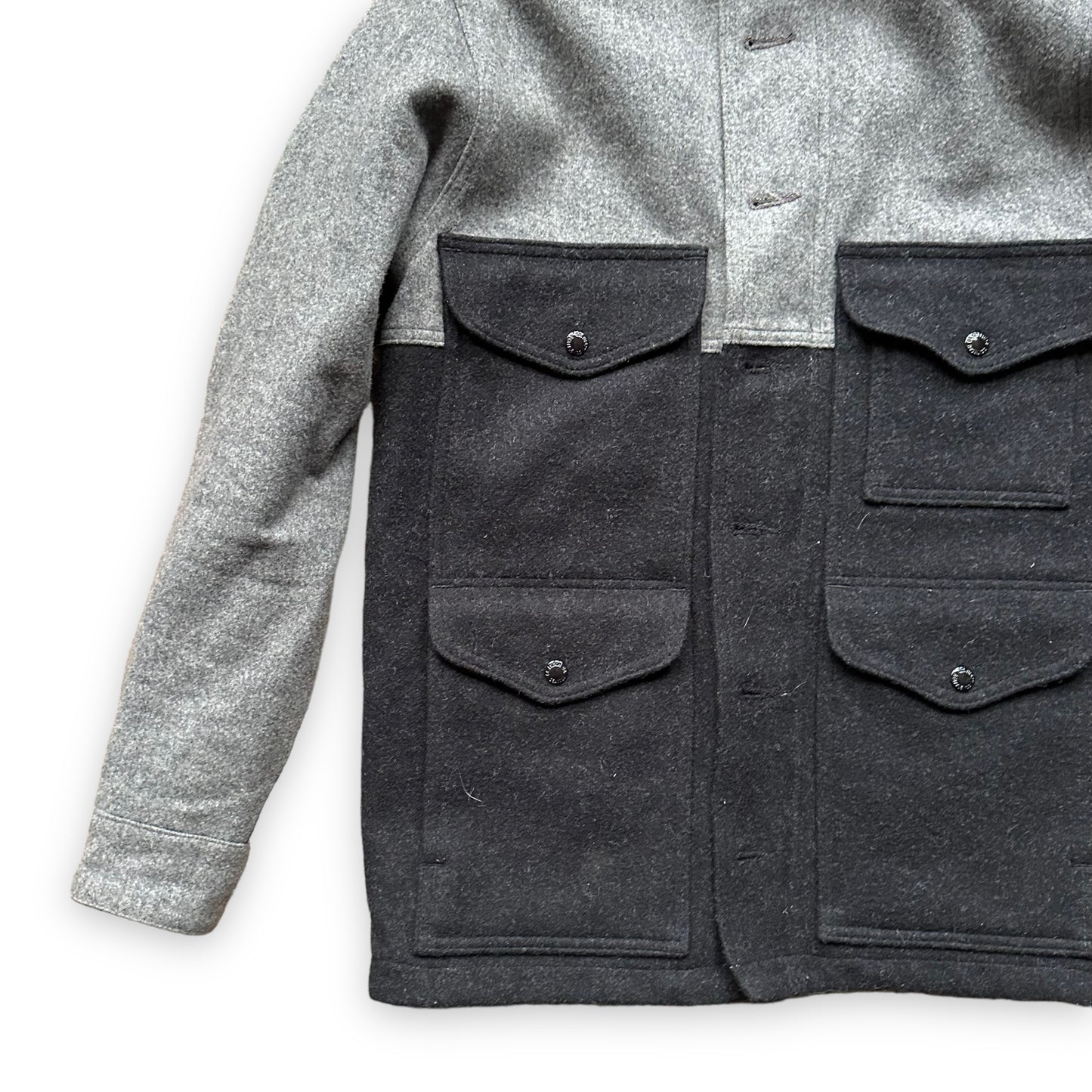 Front Right View of Filson Black and Grey Mackinaw Wool Cruiser SZ XS |  Filson Jackets Seattle | Barn Owl Vintage