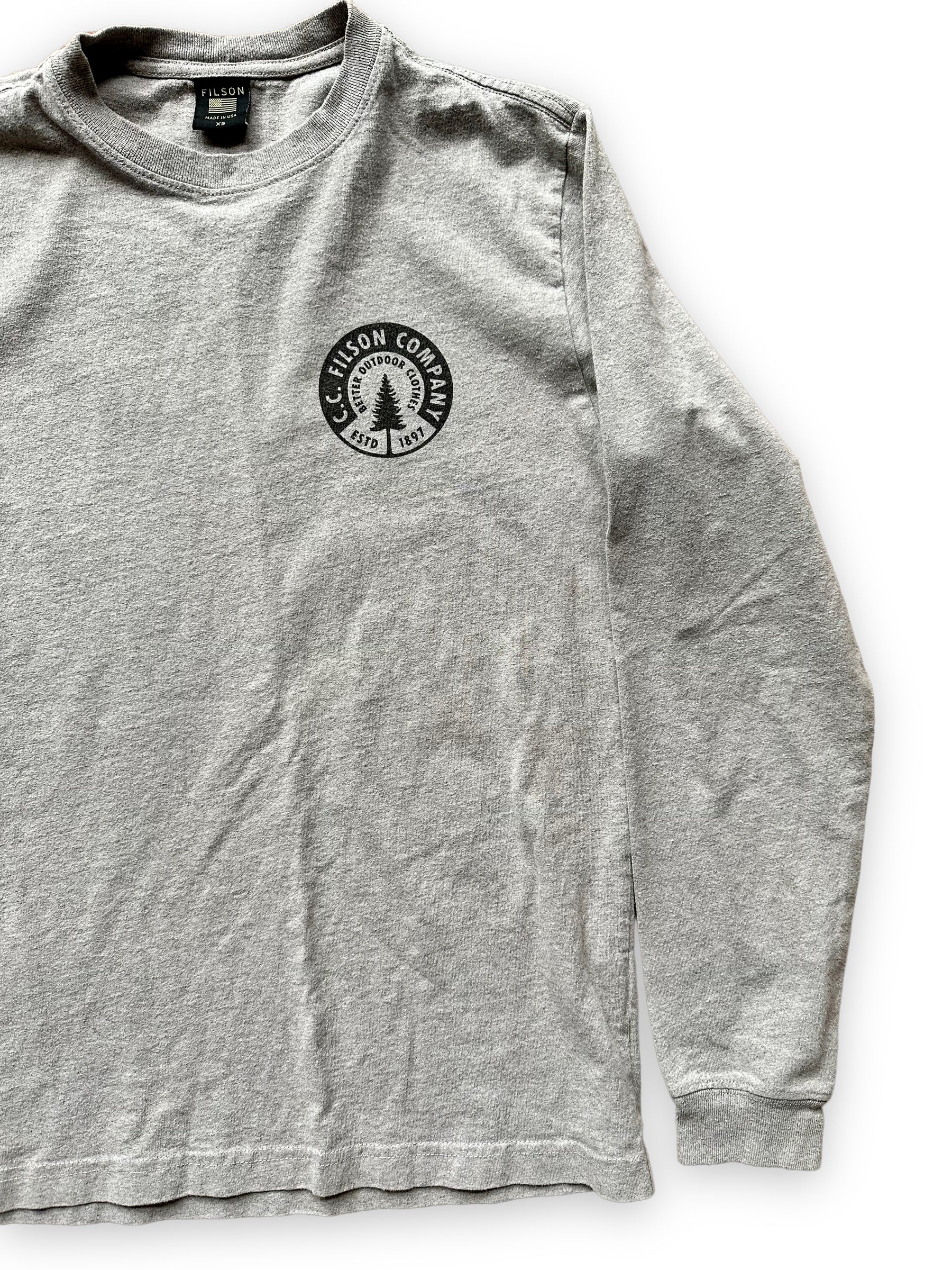 Front Left View of Filson Long Sleeve Heather Grey Tee SZ XS  |  Barn Owl Vintage Goods | Filson Graphic Tees Seattle