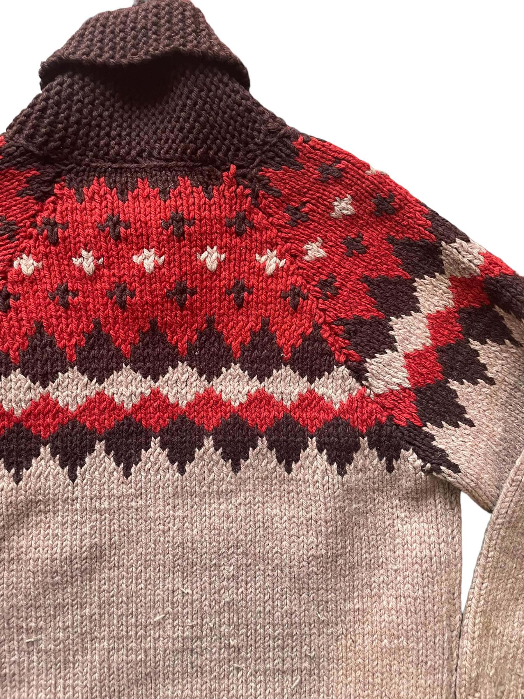 Right shoulder back Vintage 1950s Cowichan Style Wool Cardigan |  Barn Owl Vintage | Seattle Vintage Sweaters