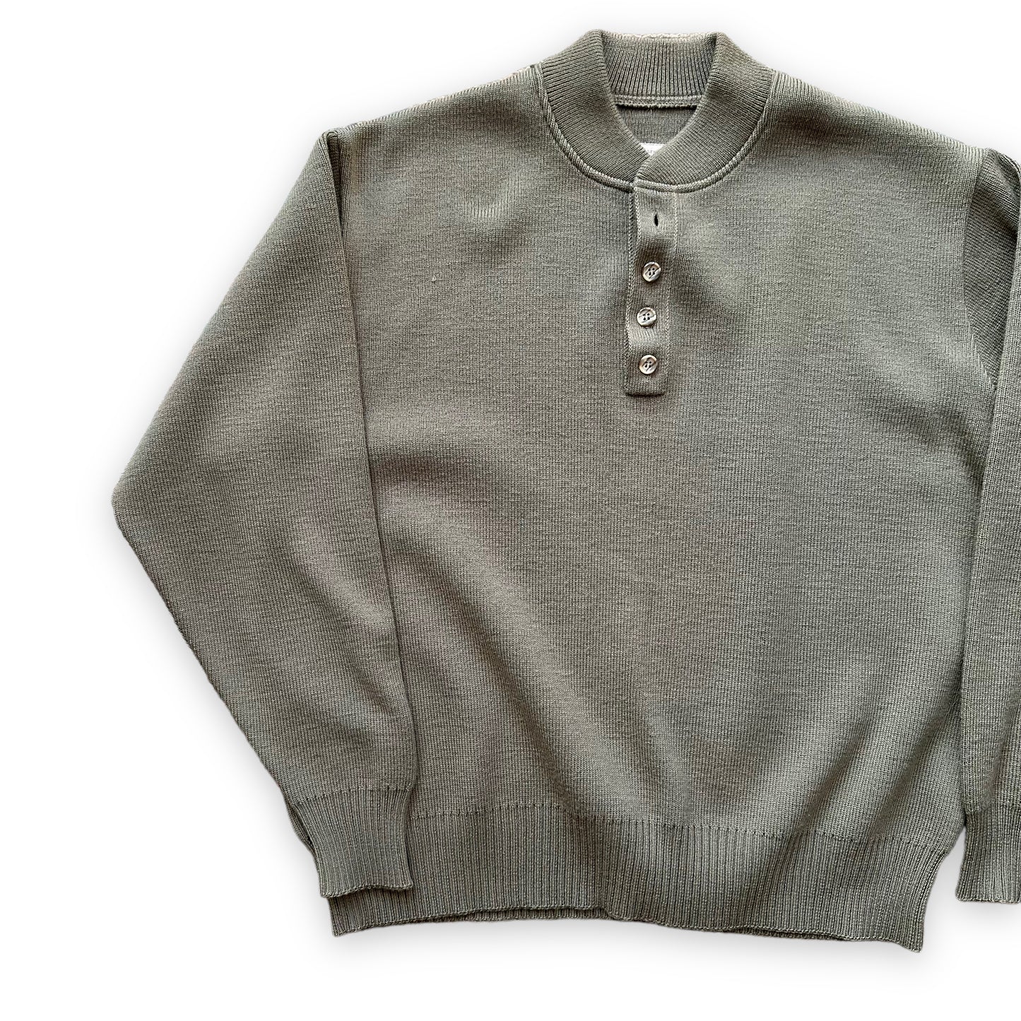 Front Right View of Vintage Filson Sage Green Henley Sweater SZ XL |  Barn Owl Vintage Goods | Vintage Workwear Seattle