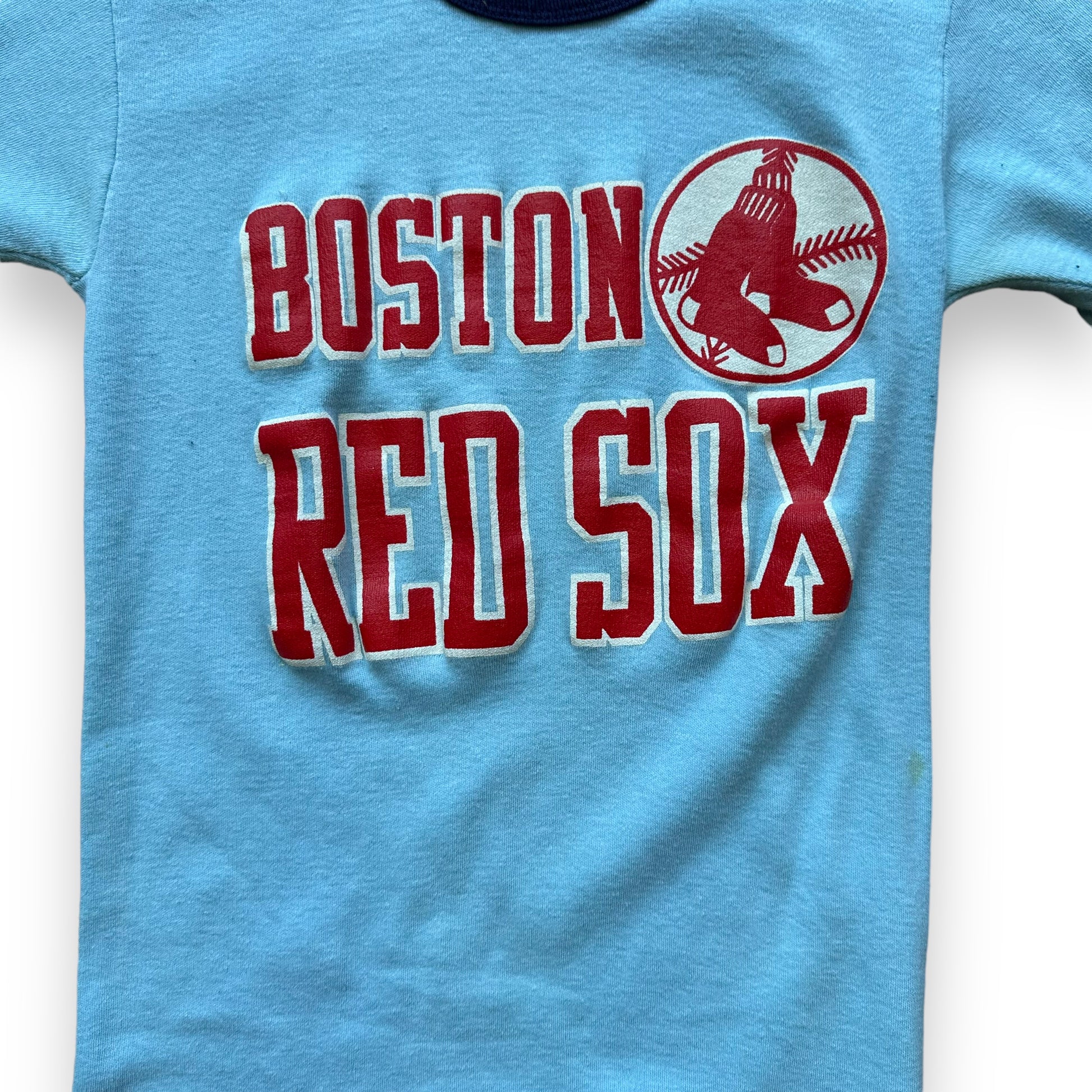 Front Detail of Vintage Powder Blue Red Sox Ringer Tee SZ M | Vintage Red Sox T-Shirts Seattle | Barn Owl Vintage Tees Seattle