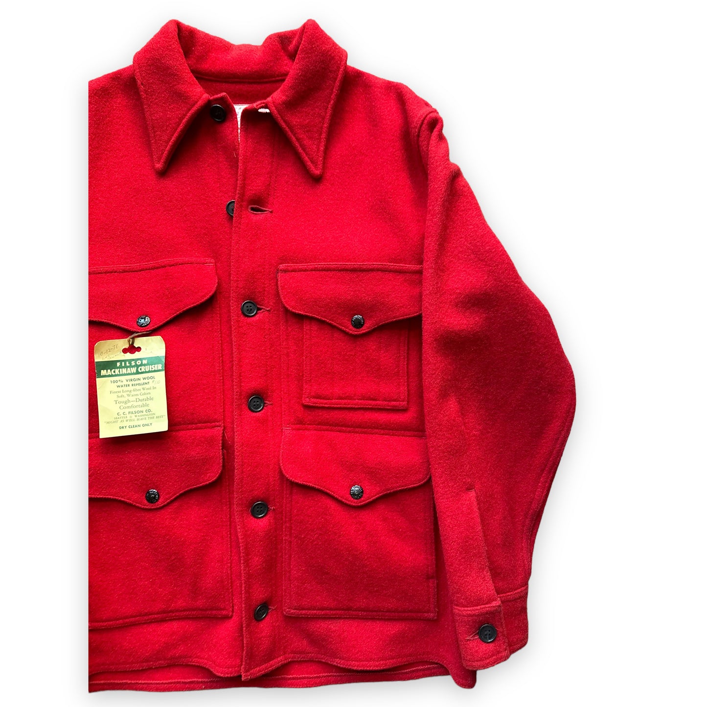 Left Front View of NOS Filson Scarlet Mackinaw Cruiser SZ 40 |  Deadstock Filson Scarlet Cruiser | Vintage Workwear Seattle