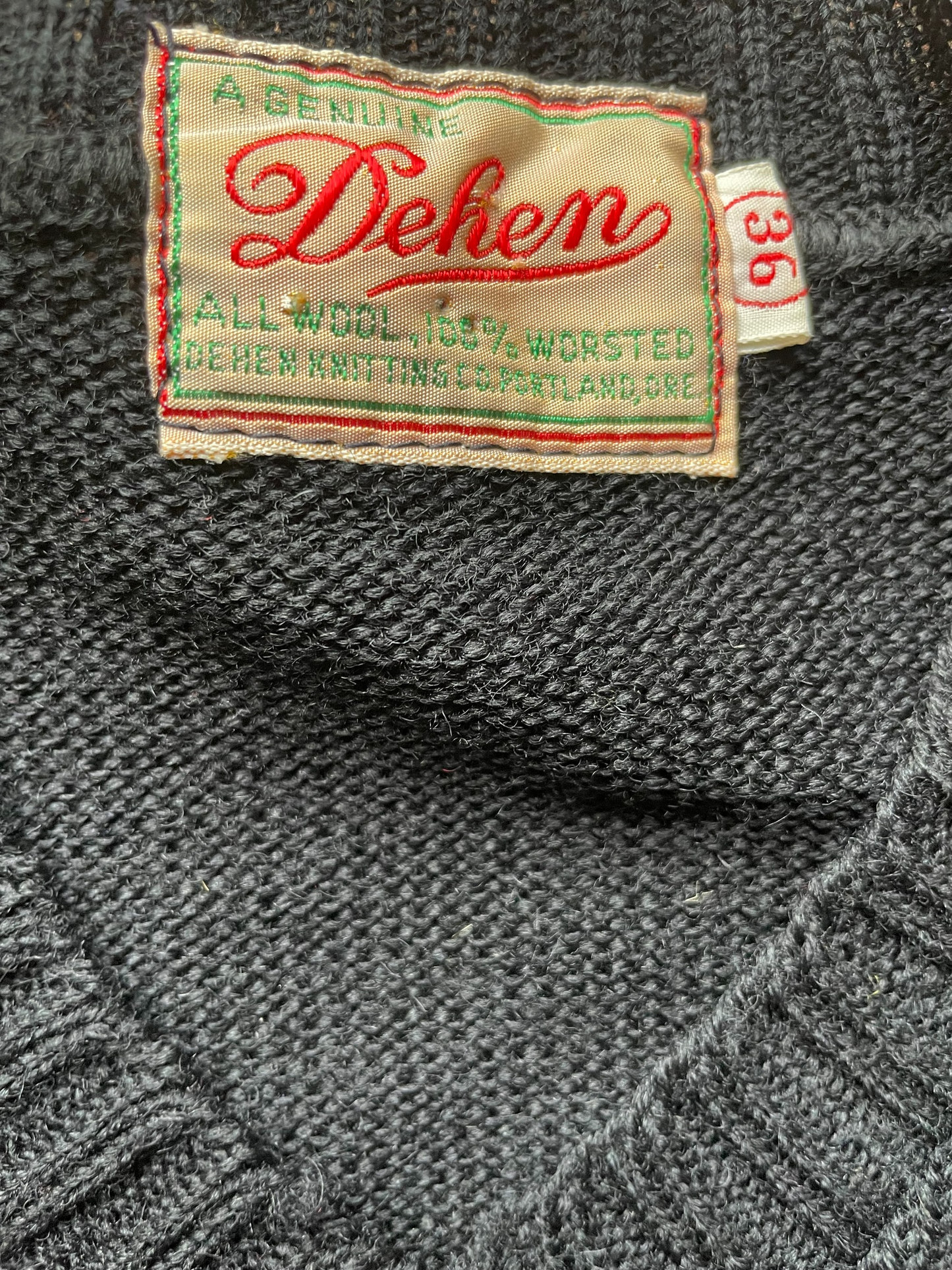 Vintage 1950s Dehen Wool Letterman Sweater | Barn Owl Vintage | Seattle Vintage Sweaters Close up of Dehen maker tag.