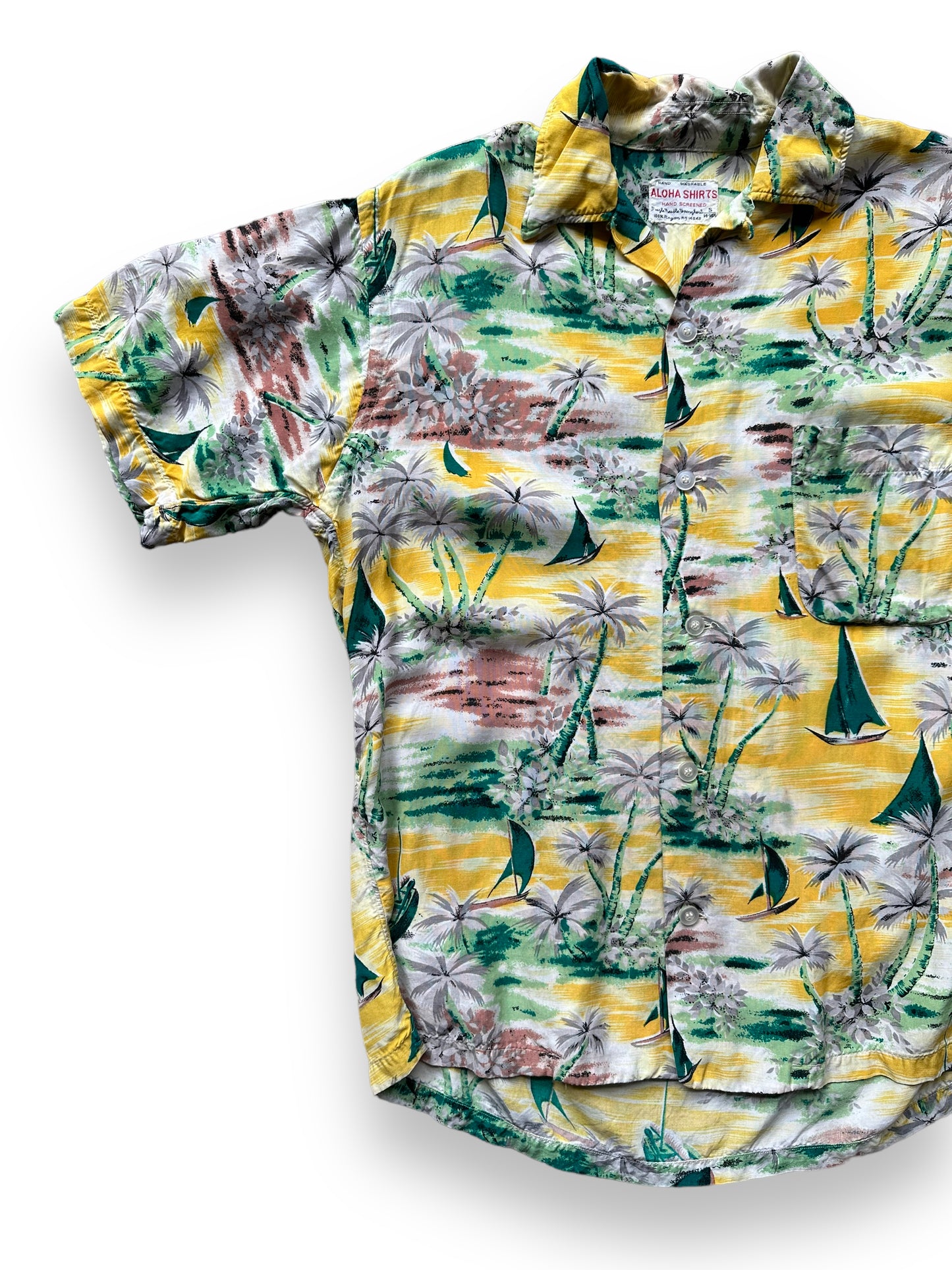 Front Right View of Vintage Yellow Aloha Rayon Shirt SZ S | Seattle Vintage Rayon Hawaiian Shirt | Barn Owl Vintage Clothing Seattle