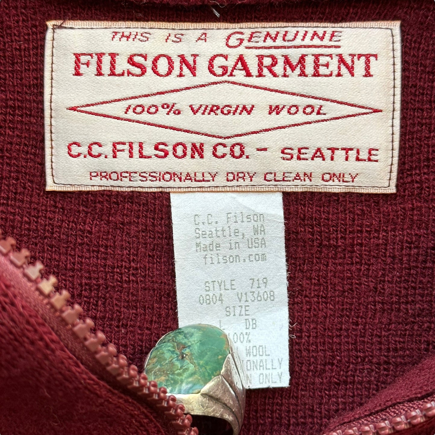 Tag View of Filson Style 719 Zip Up Burgundy Sweater SZ L | Vintage Workwear Seattle