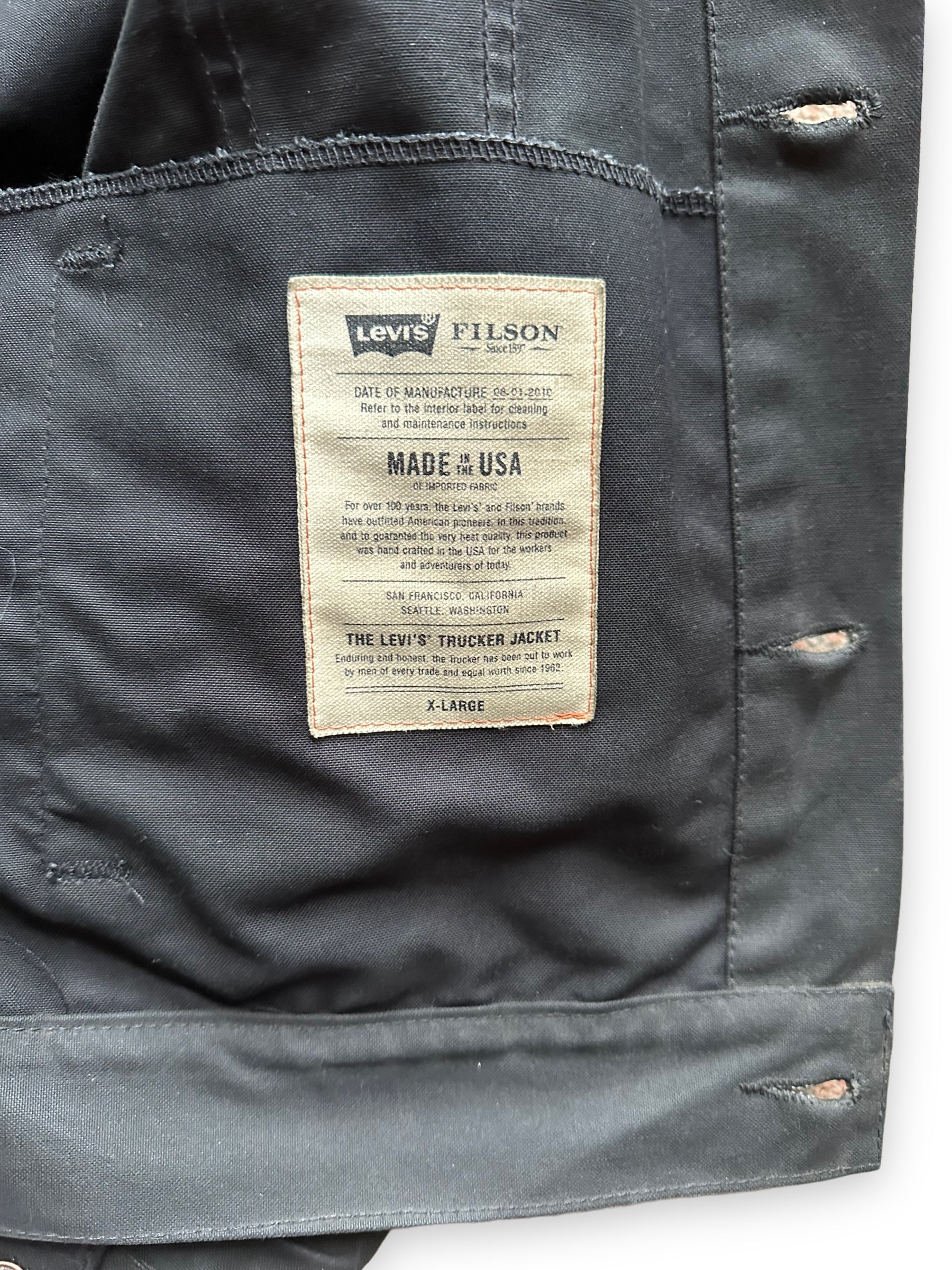 Filson X Levis Tag on Black Levis X Filson Type III Trucker Jacket SZ XL |  Filson Levis Trucker Jacket | Vintage Workwear Seattle