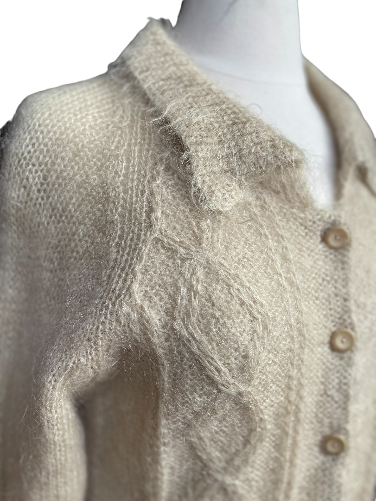 Front right shoulderVintage 1950's Hand Knit Wool Mohair Cardigan Sweater | Barn Owl VIntage | Seattle True Vintage