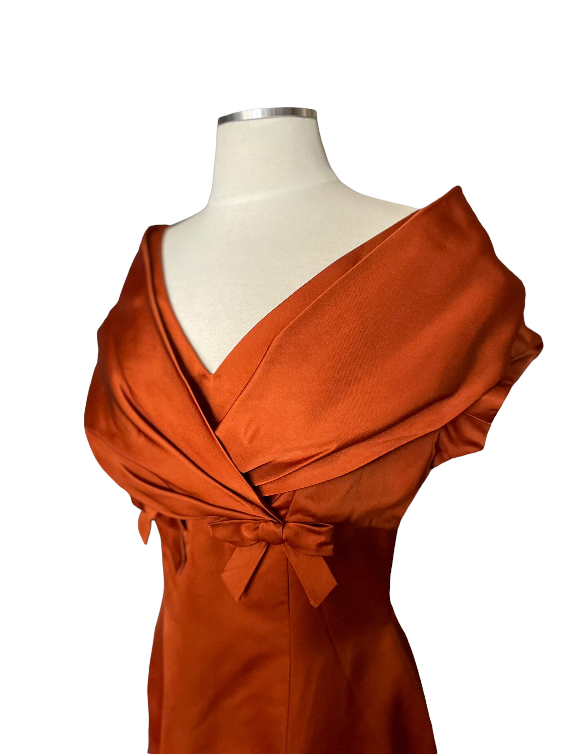 Front left side view Vintage 1950s Burnt Orange Silk Dress SZ M