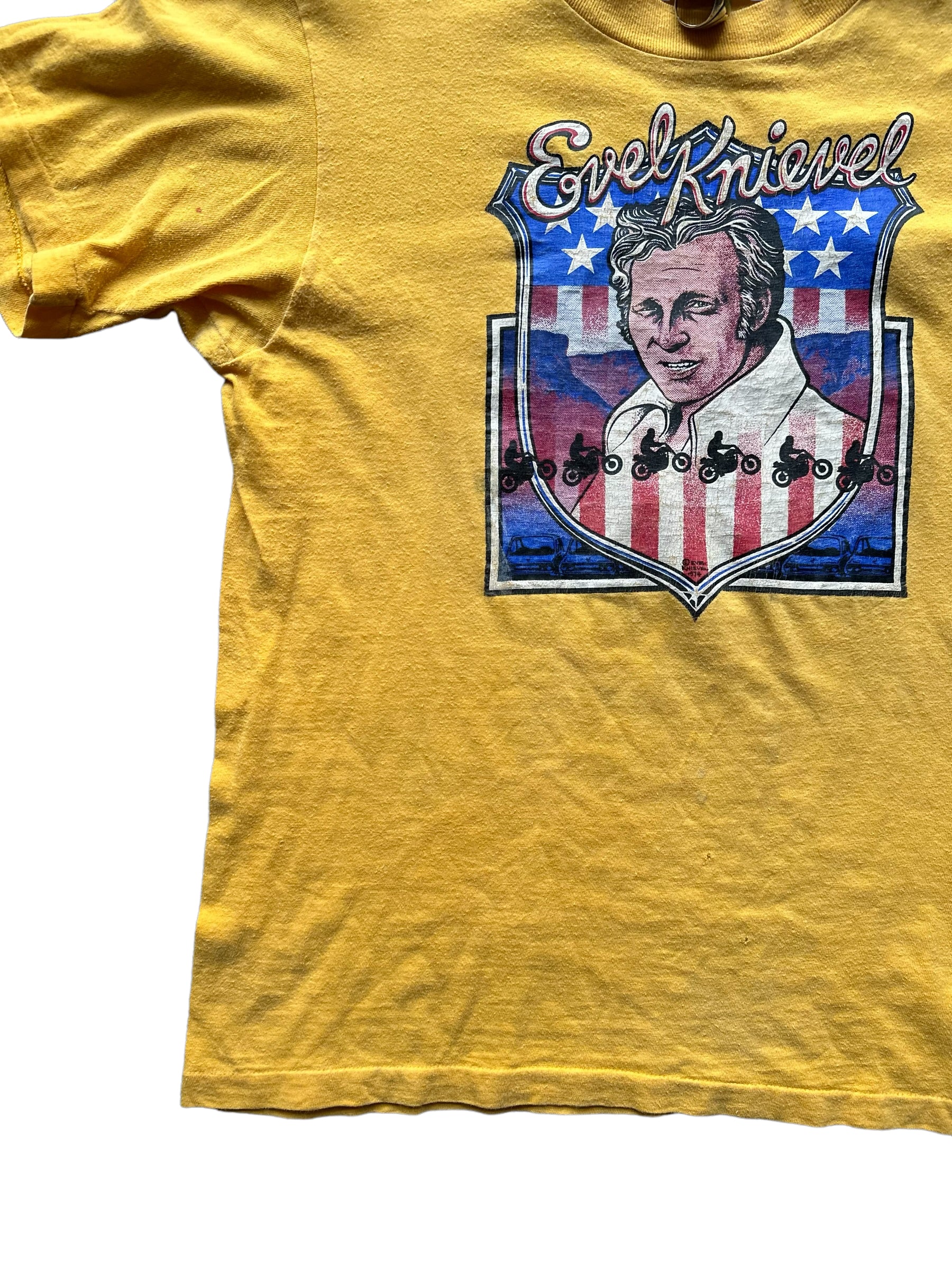 Lower Right Front View on Vintage Evel Knievel Snake River Canyon TShirt |  Vintage Evel Knievel Single Stitch Tee | Barn Owl Vintage Seattle