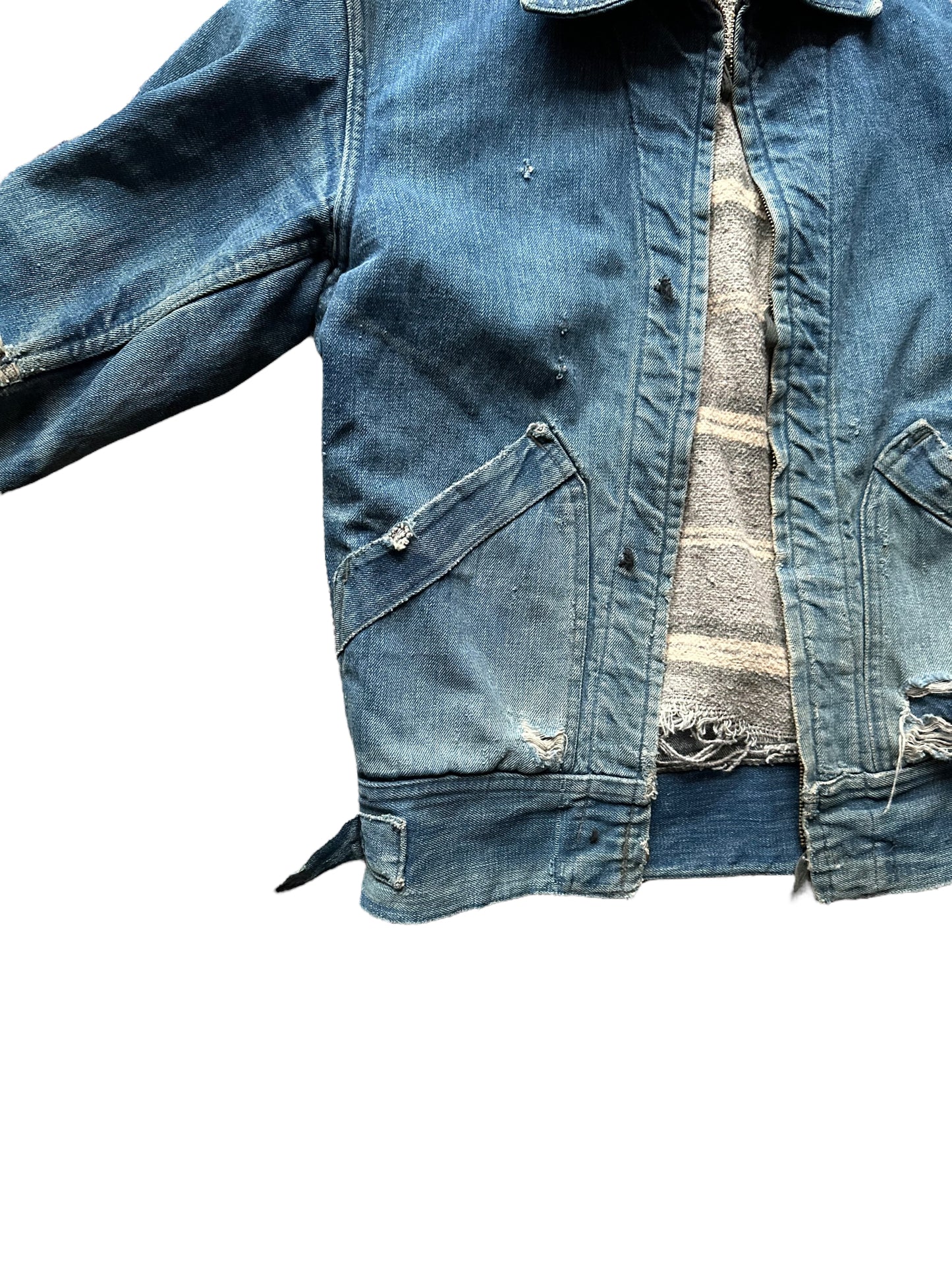 Front Right View on Vintage Blanket Lined Fitz Denim Jacket | Seattle Vintage Workwear Clothing | Barn Owl Vintage