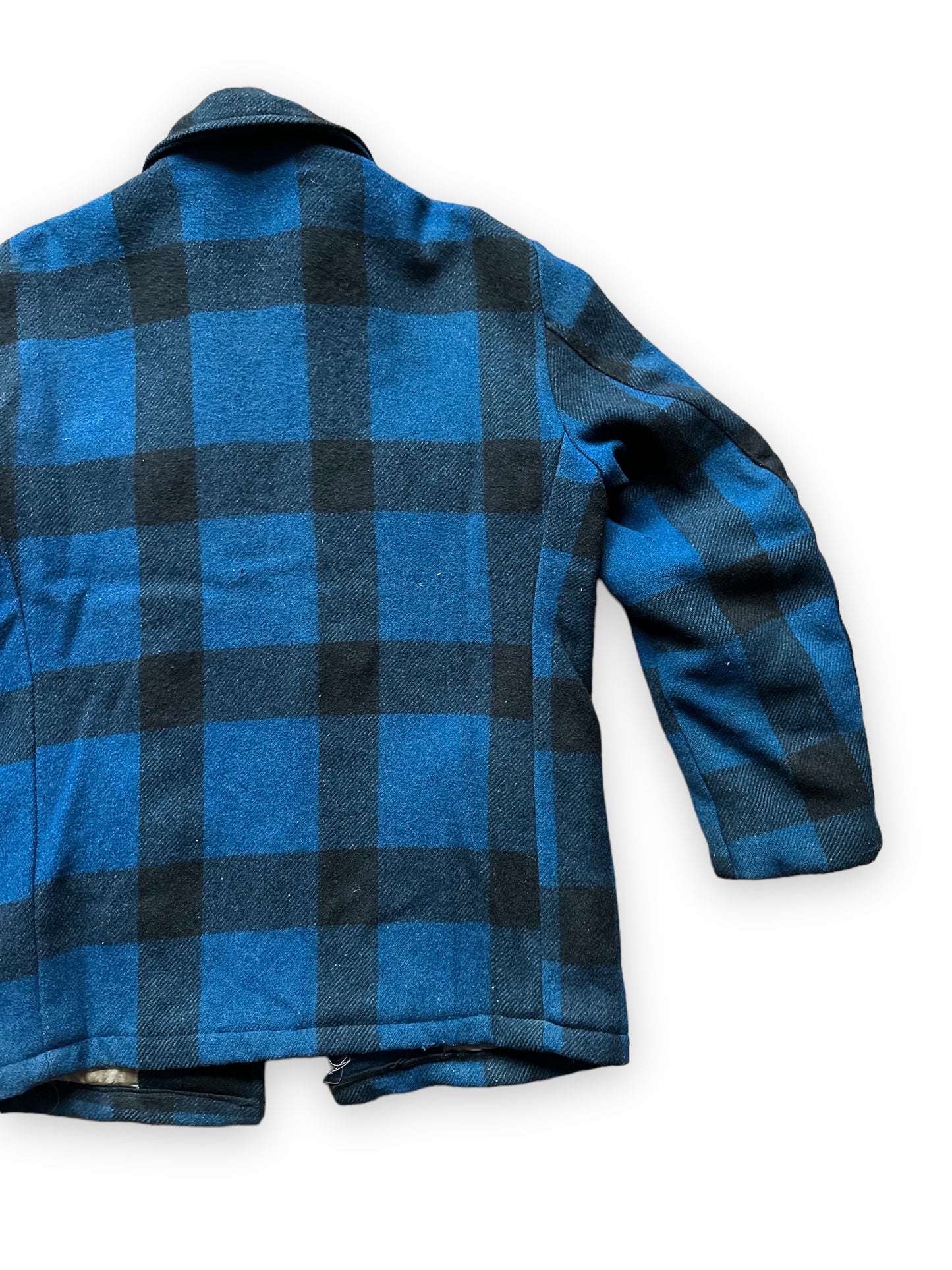 Right Rear View on Vintage Black Bear Cobalt Blue and Black Wool Coat SZ L  |  Vintage Workwear Seattle | Barn Owl Vintage Seattle