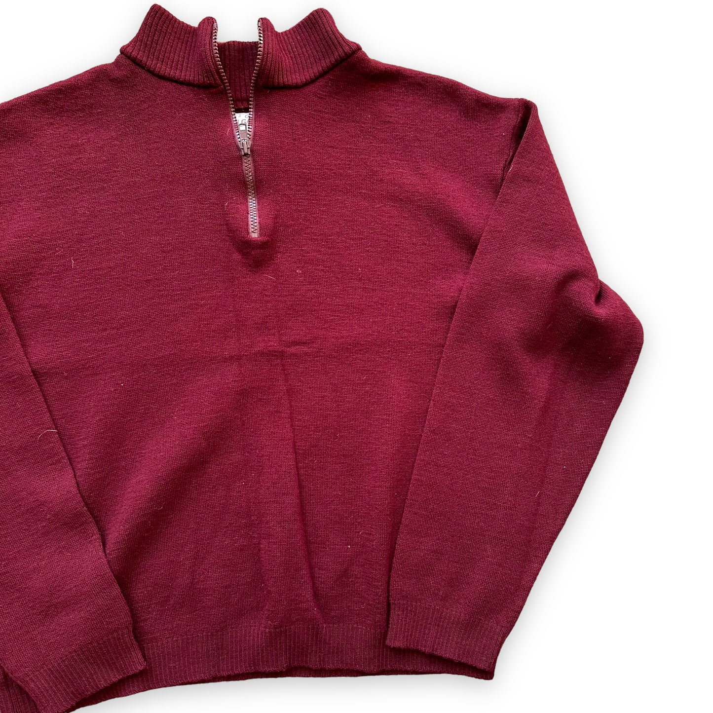 Front Left View of Filson Style 719 Zip Up Burgundy Sweater SZ L | Vintage Workwear Seattle