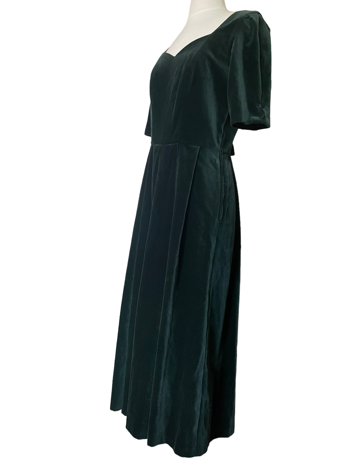 Vintage 1980s Green Velvet Laura Ashley Dress SZ S-M |  Barn Owl Vintage | Seattle Vintage Dresses Left side full view.