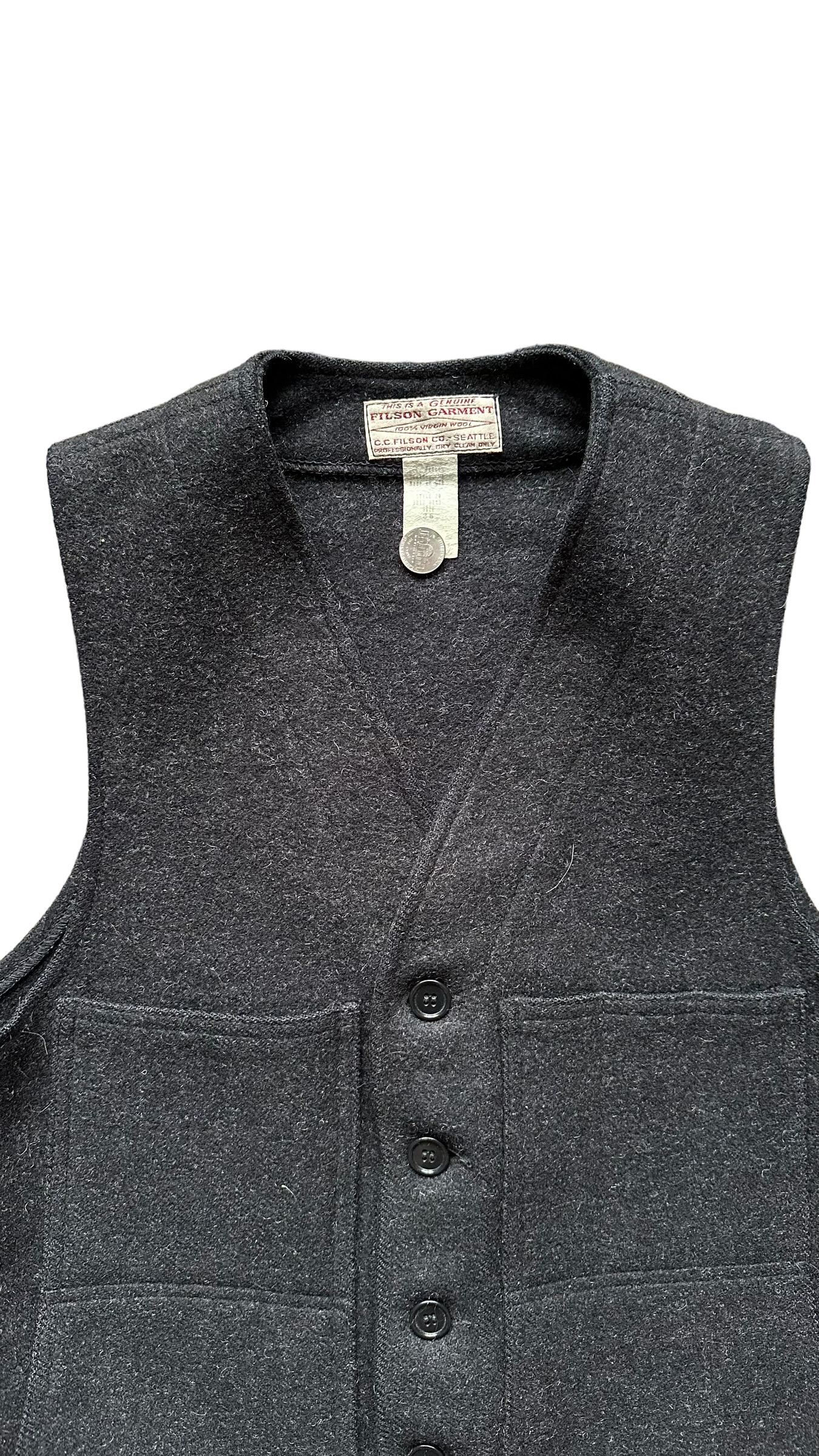 Upper Front View of Vintage Filson Mackinaw Vest SZ 36 |  Charcoal Grey Wool Vest | Vintage Seattle Workwear