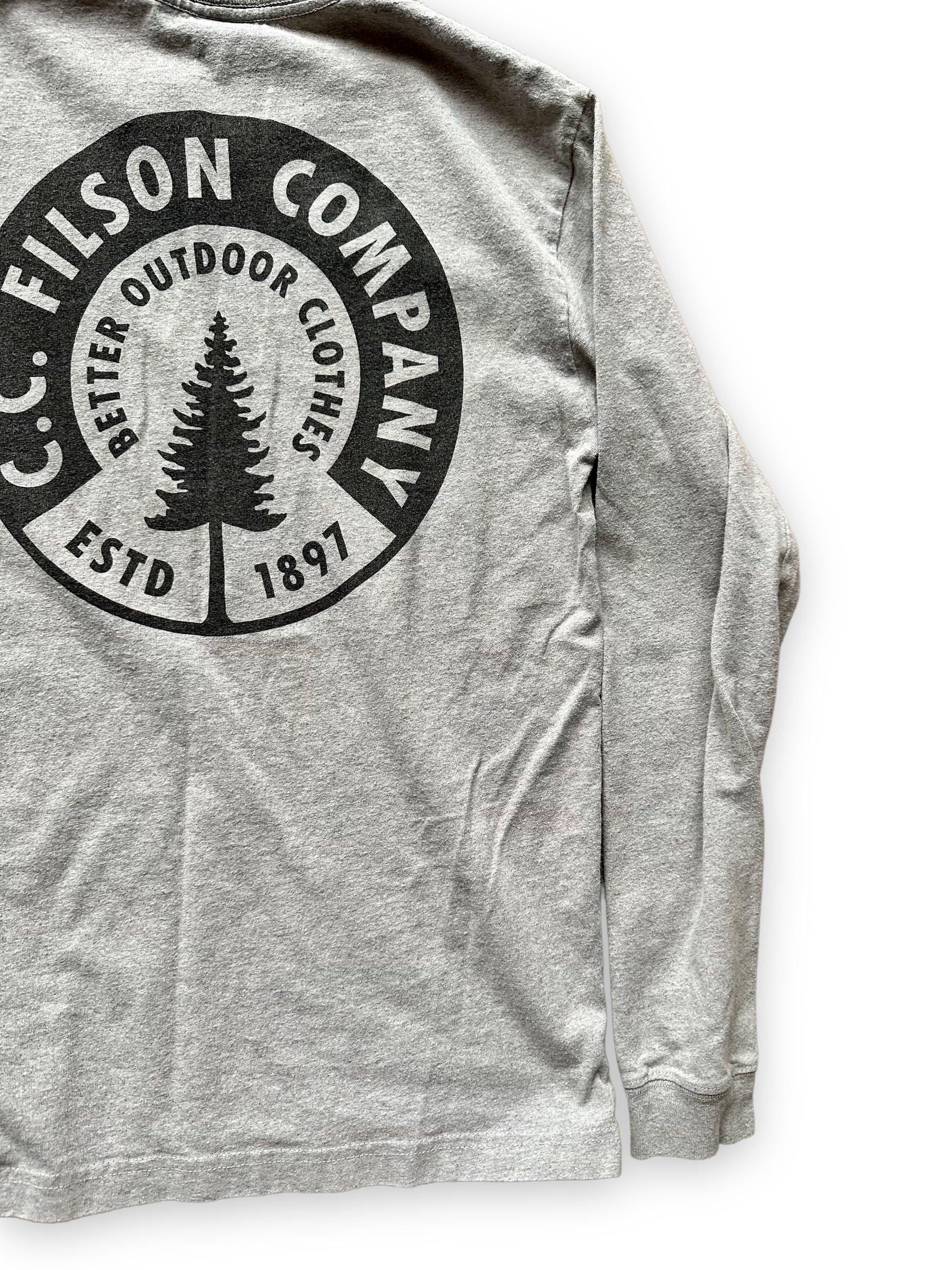 Right Rear View of Filson Long Sleeve Heather Grey Tee SZ XS  |  Barn Owl Vintage Goods | Filson Graphic Tees Seattle