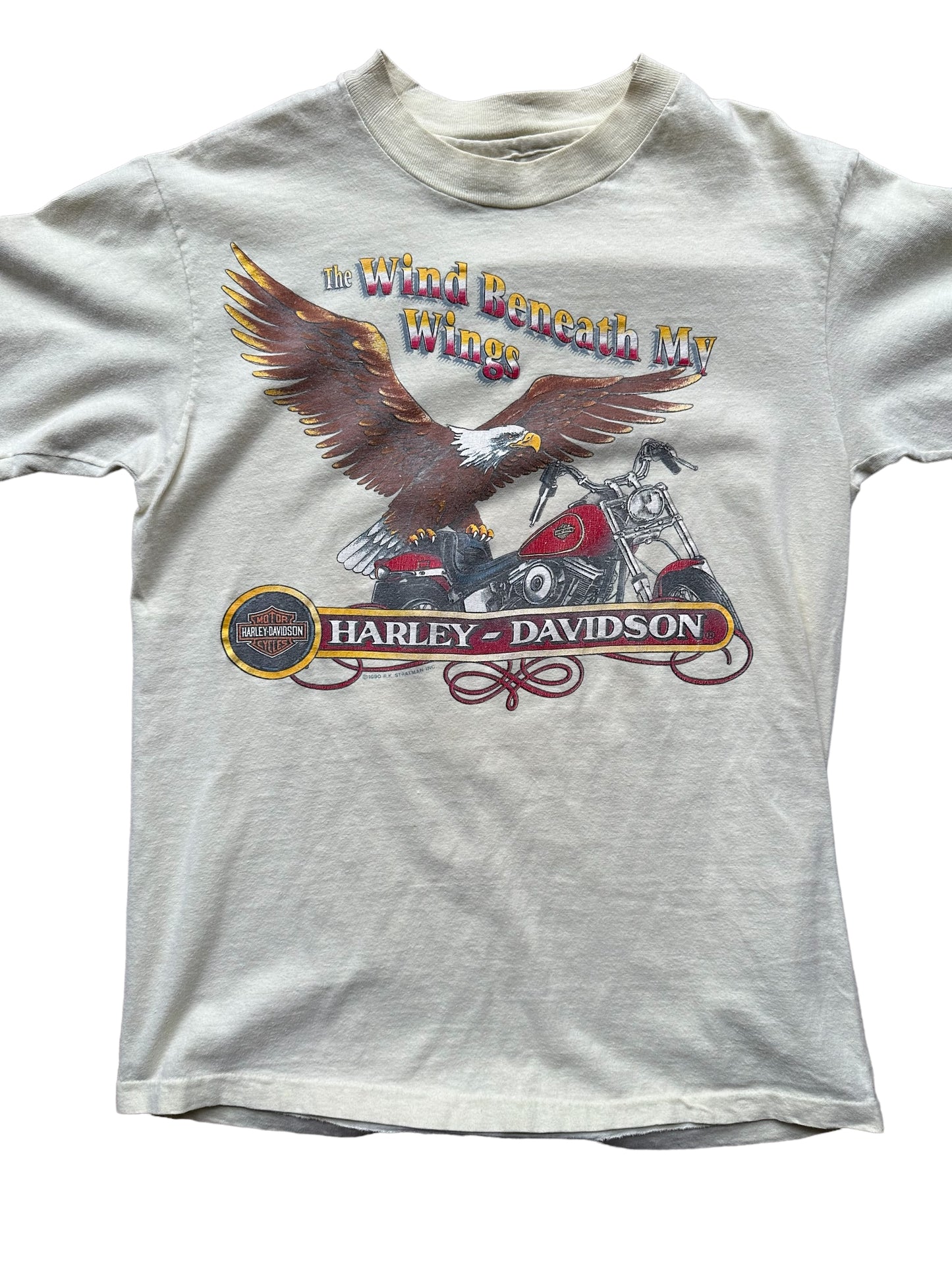 Front Detail on Vintage Yellow Harley Davidson Wind Beneath My Wings Tee SZ M | Vintage Harley Tee | Barn Owl Vintage Seattle