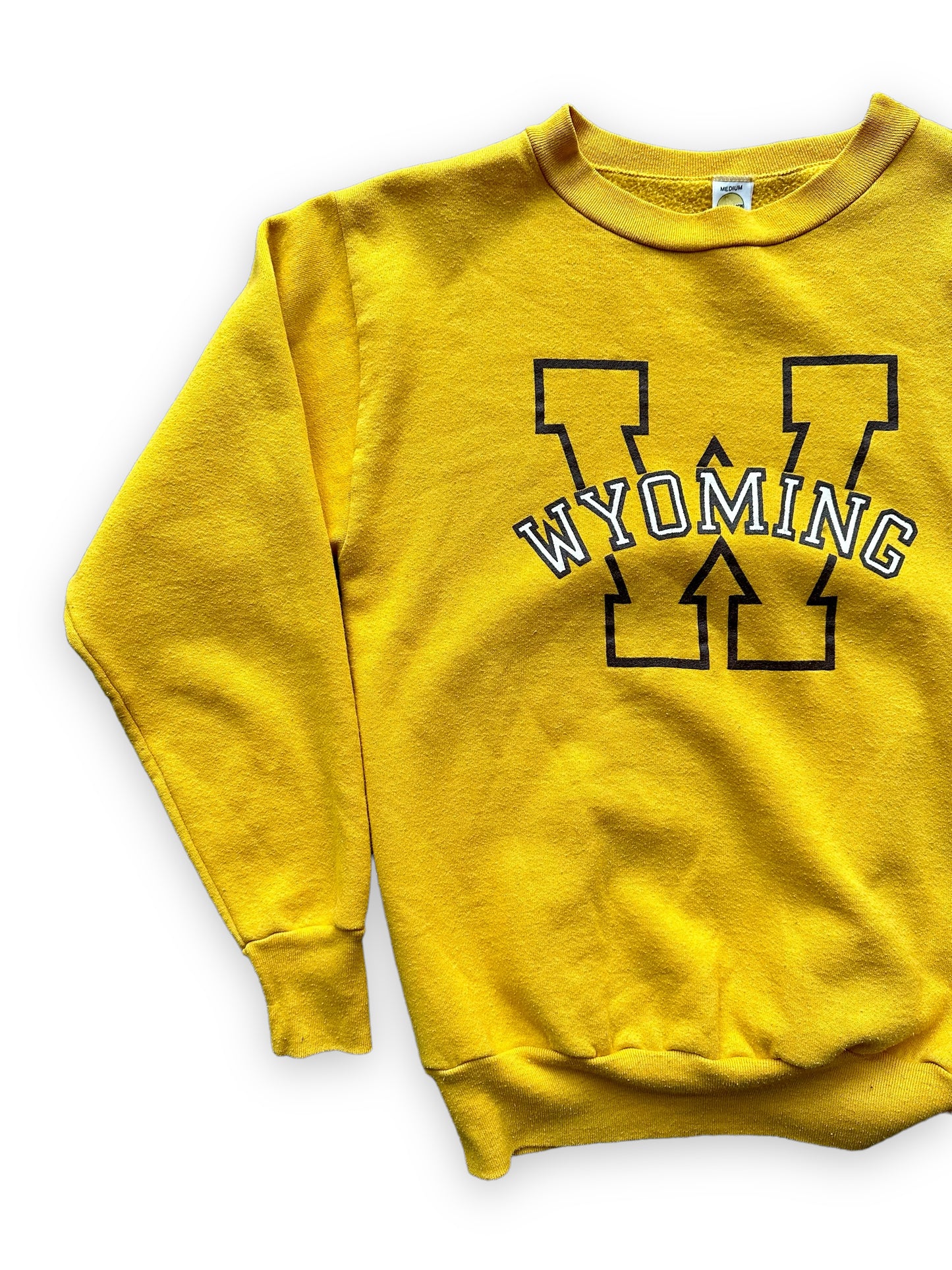 Front Right View of Vintage Yellow Wyoming Crewneck Sweatshirt SZ M | Vintage Crewneck Sweatshirt Seattle | Barn Owl Vintage Seattle