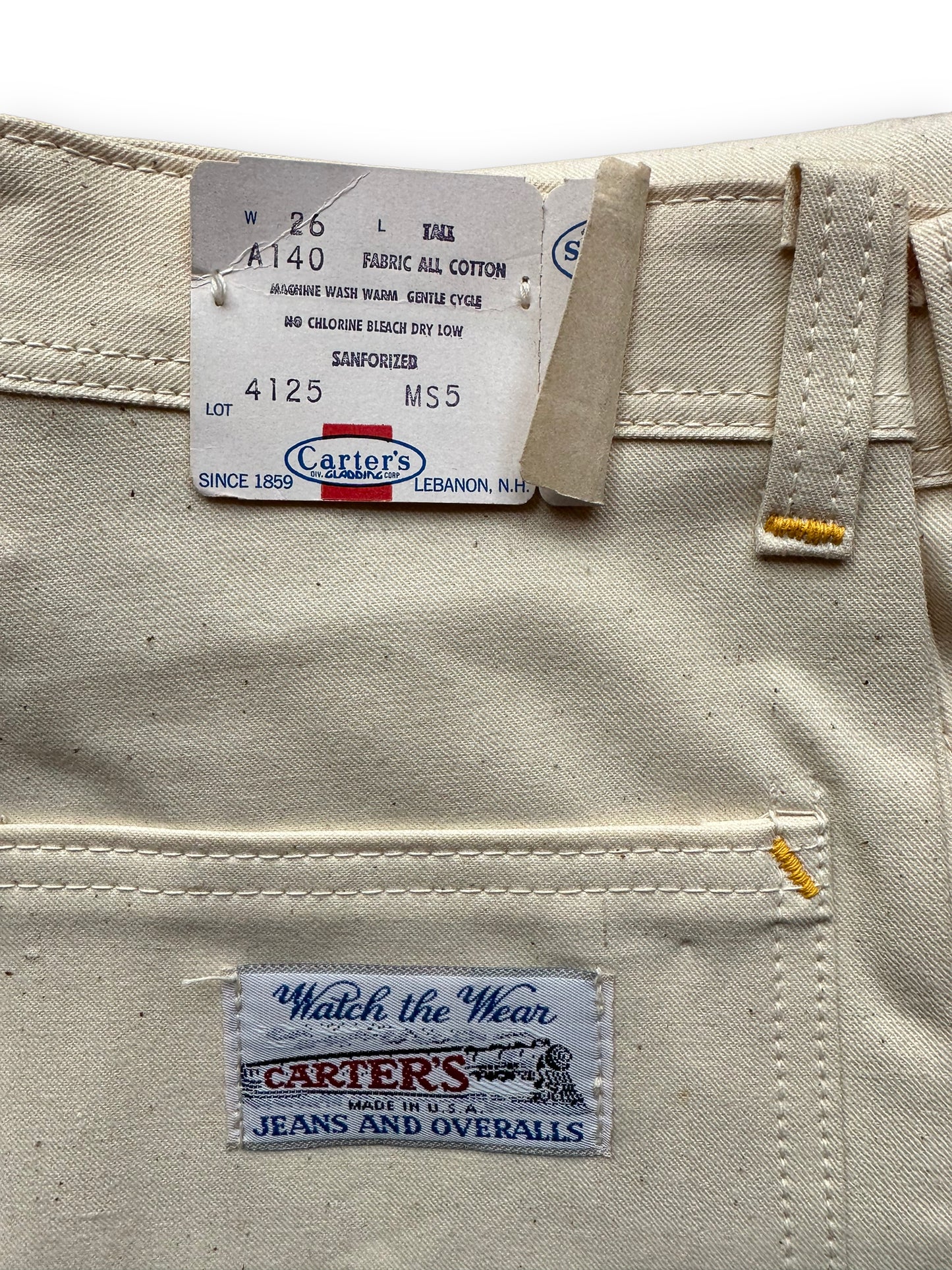 Rear Tag View of NOS Vintage Carter's Ecru Painters Pants W26T | Vintage Workwear Seattle | Barn Owl Vintage Clothing