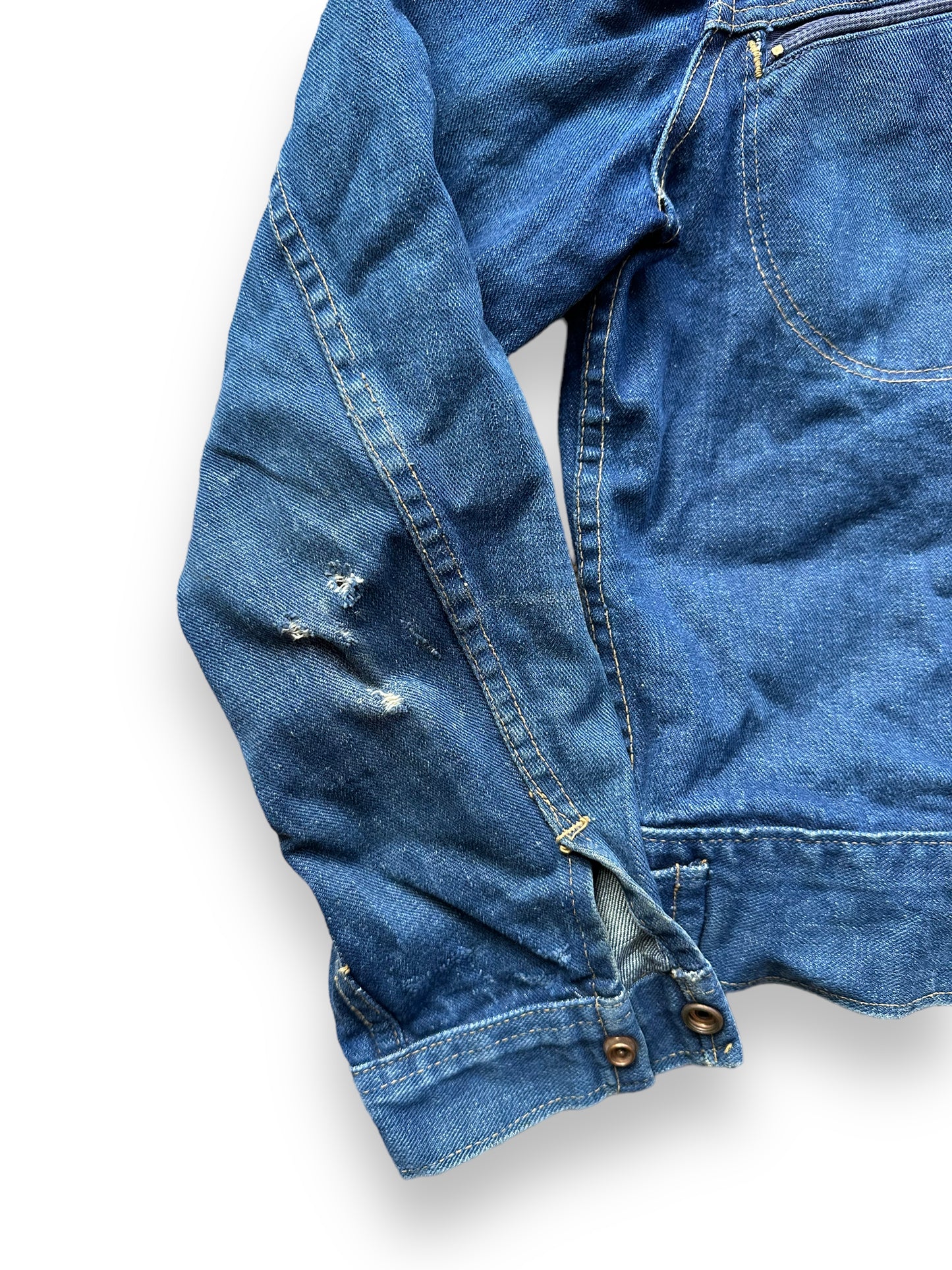 Small Holes and Wear on Right Sleeve of Vintage Roebucks Selvedge Denim Jacket SZ S | Vintage Jean Jacket Seattle | Seattle Vintage Denim