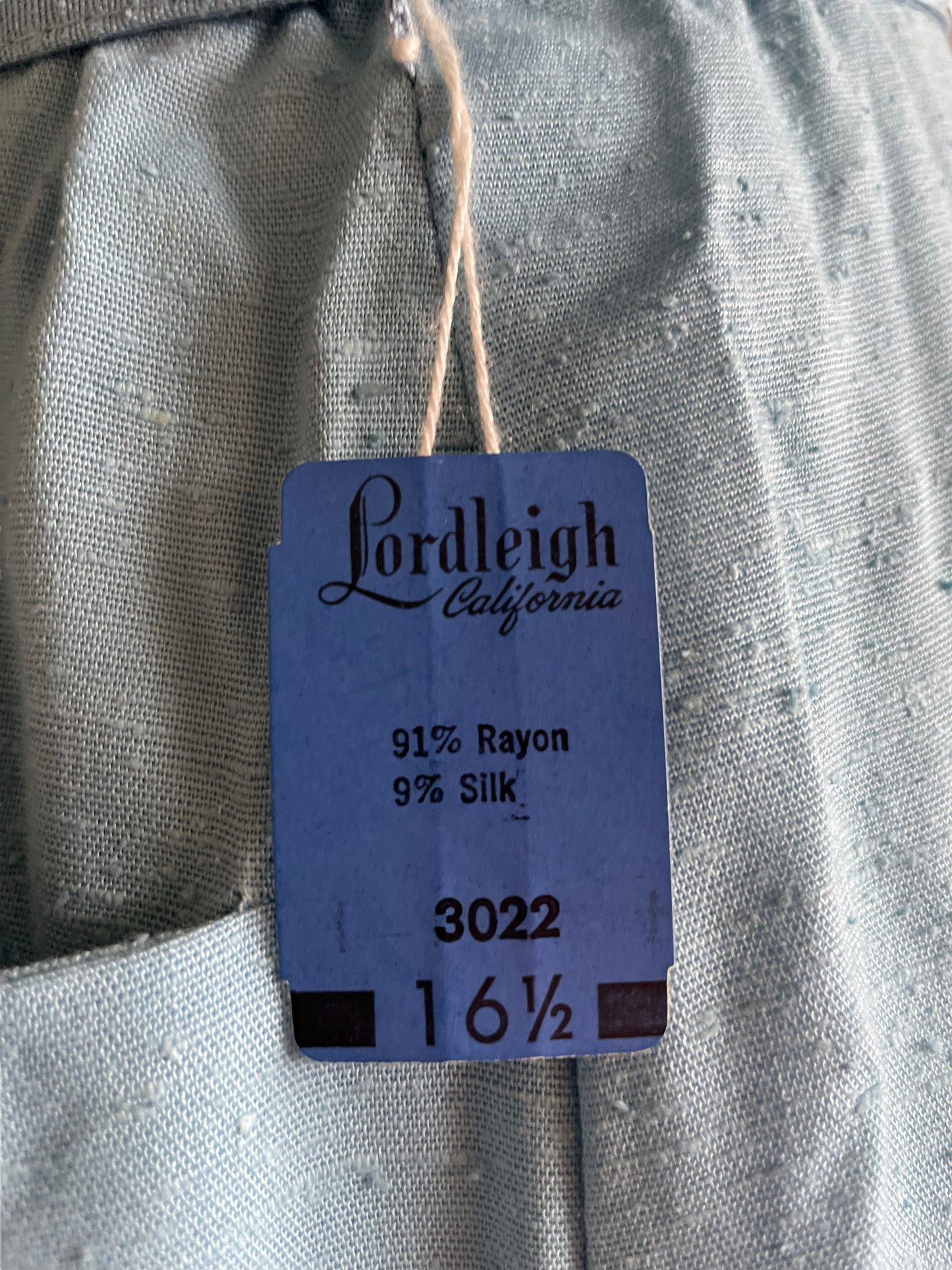 Vintage 1950s Deadstock Lordleigh Light Blue Silk and Rayon Dress SZ M|  Barn Owl Vintage | Seattle Vintage Dresses Size tag view.