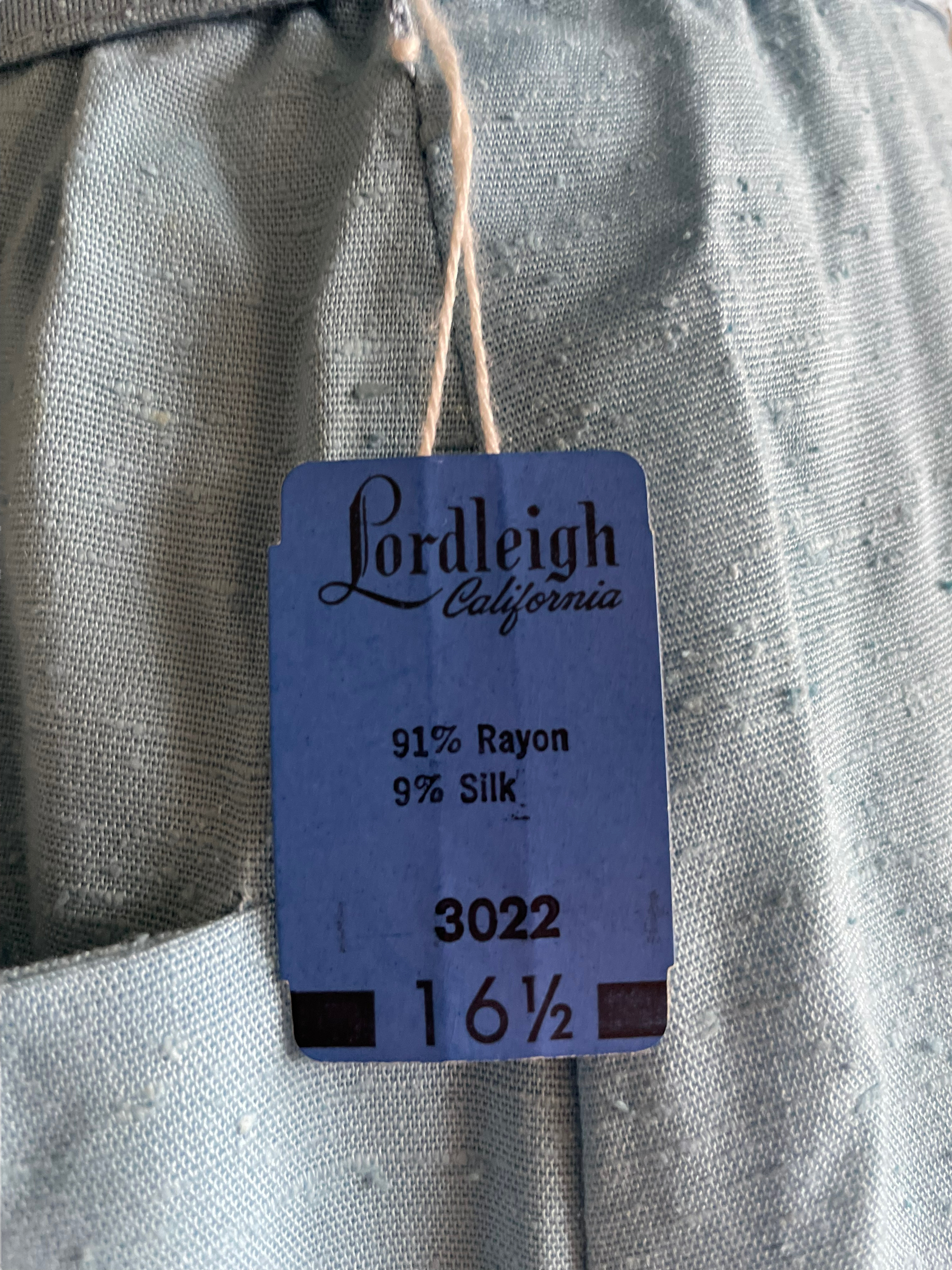 Vintage 1950s Deadstock Lordleigh Light Blue Silk and Rayon Dress SZ M|  Barn Owl Vintage | Seattle Vintage Dresses Size tag view.