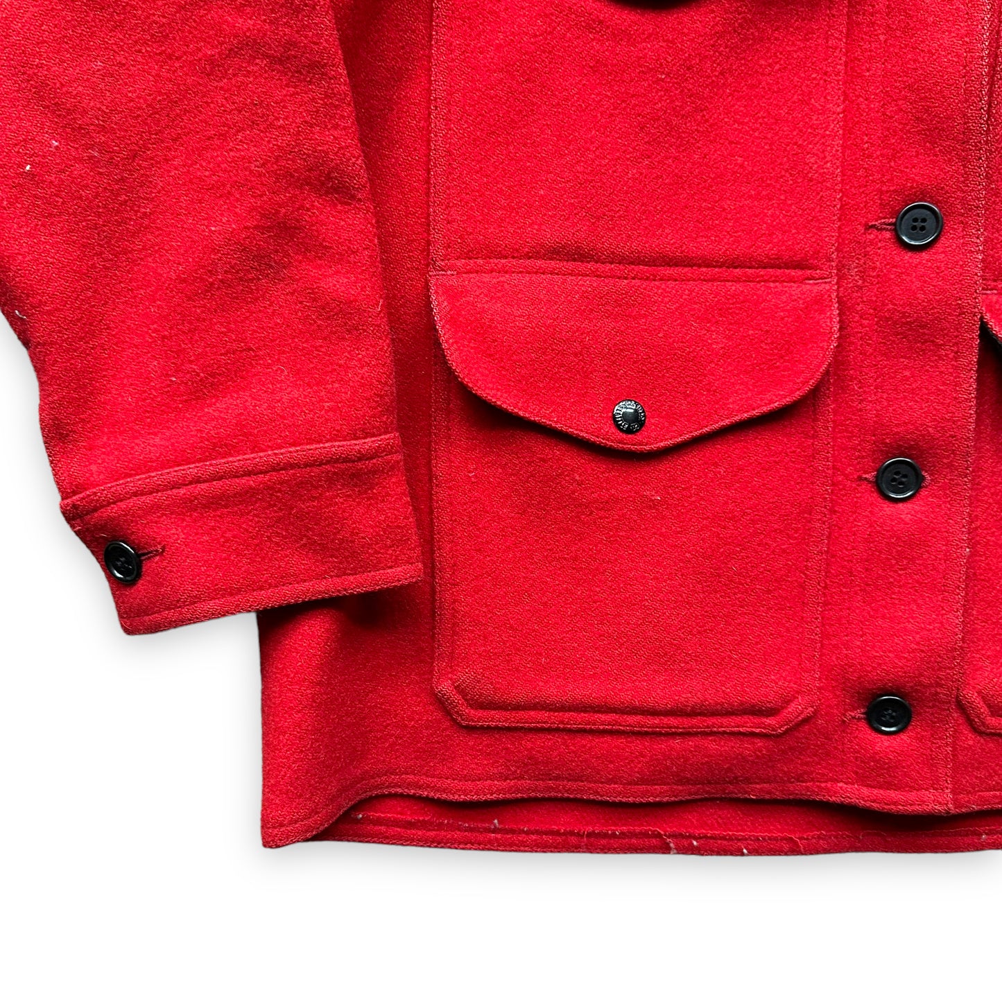 Lower Right Cuff and Pockets in Vintage Womens 1980s Era Filson Scarlet Cruiser Size W18 |  Barn Owl Vintage Goods | Vintage Ladies Filson Workwear Seattle