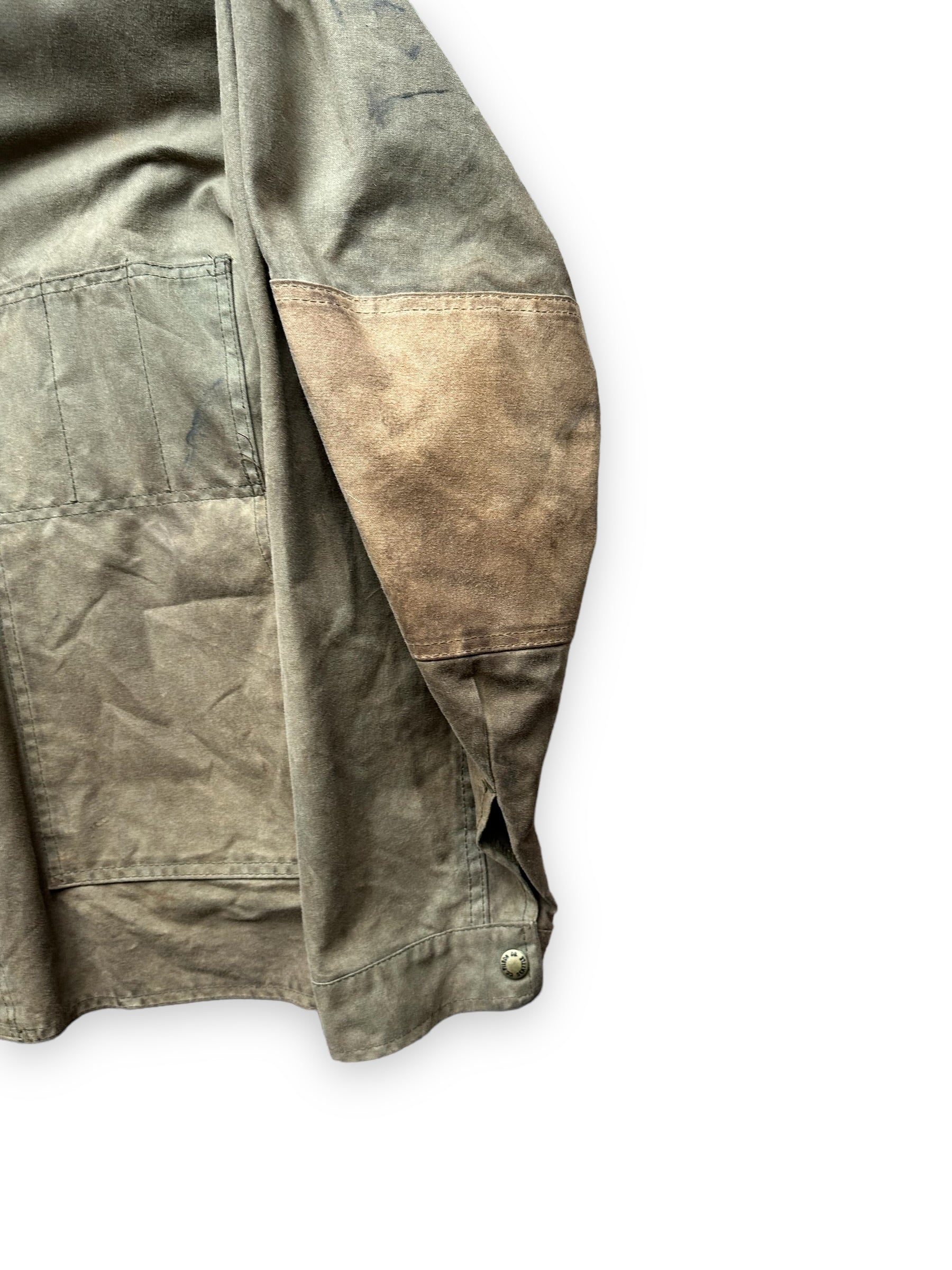 Right Rear Sleeve View of Filson Tin Cloth Shooting Jacket Style 420 SZ XXL |  Barn Owl Vintage Goods | Vintage Workwear Seattle