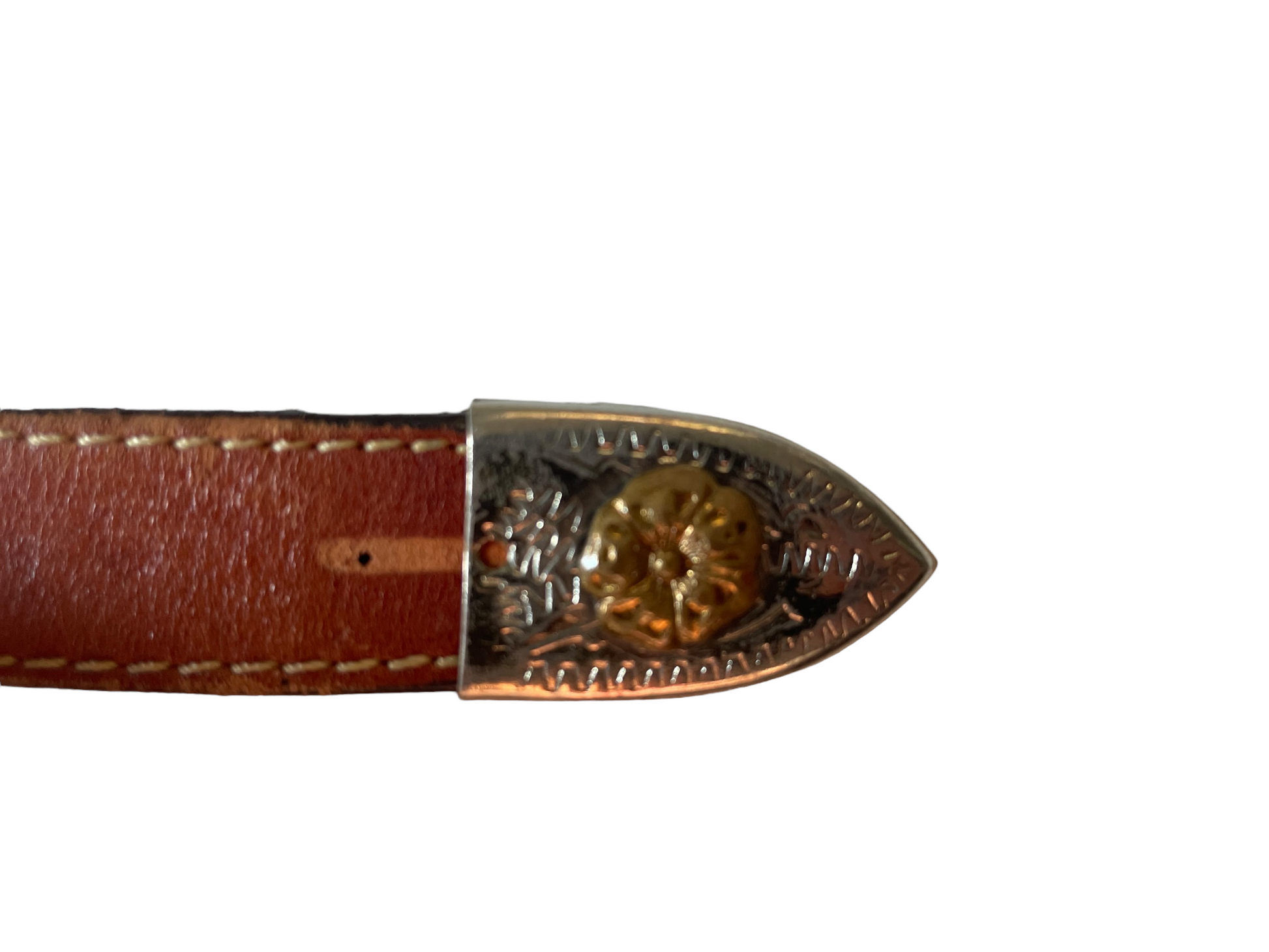 Vintage Leather Belt with Western Buckle close up of tip.