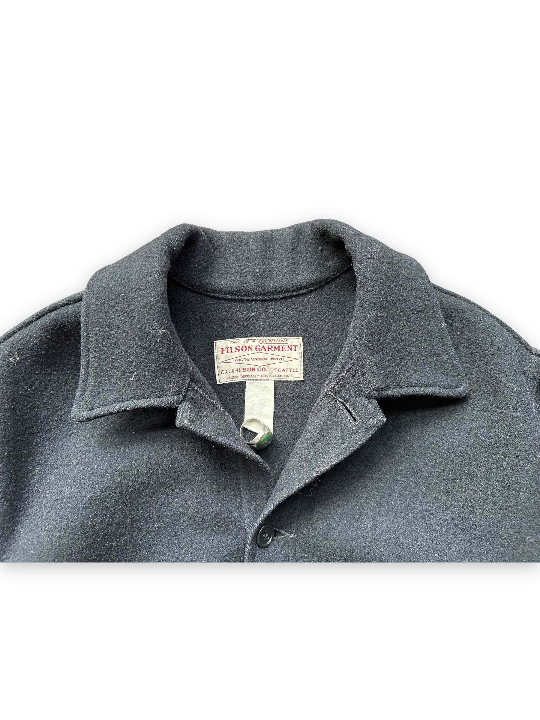 Tag View of Black Filson Mackinaw Cruiser SZ 48 |  Barn Owl Vintage Goods | Vintage Workwear Seattle