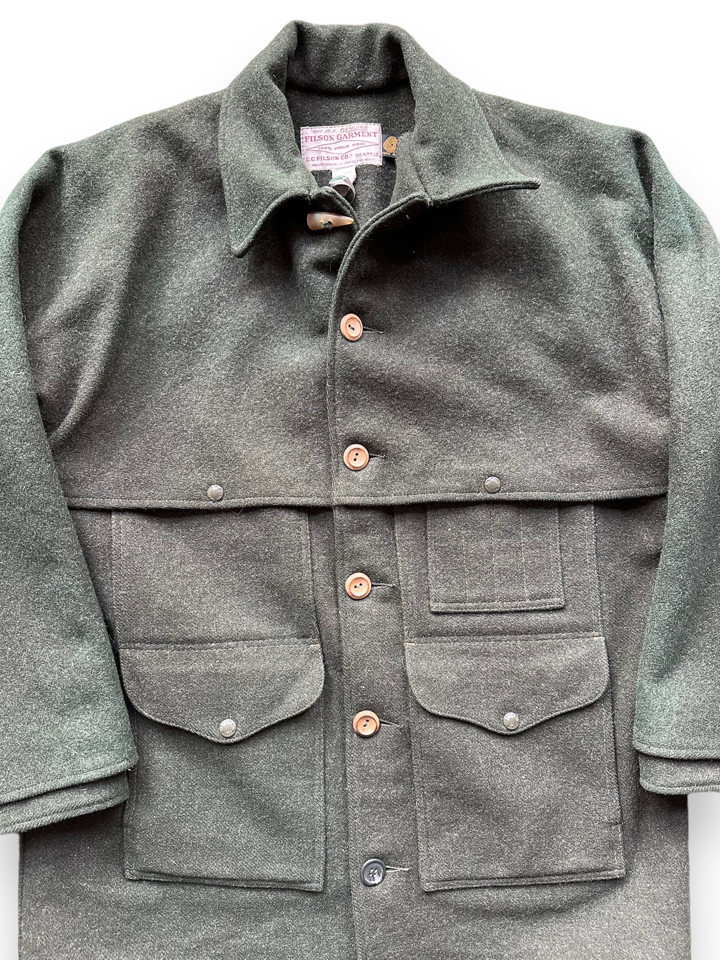Front Close Up of Vintage Filson Forest Green Double Mackinaw Cruiser SZ 46 XL |  Barn Owl Vintage Goods | Vintage Workwear Seattle