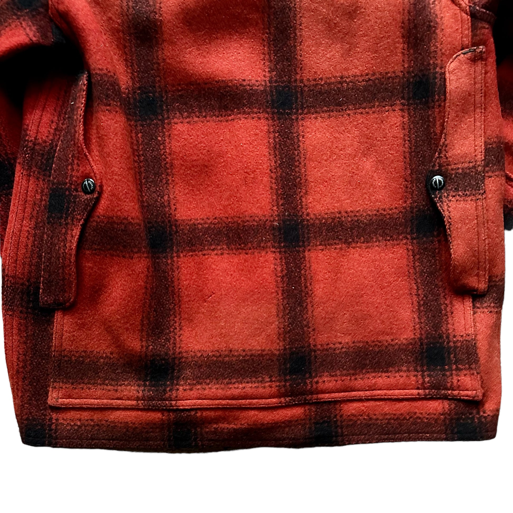 Lower Rear View on Vintage 75% Red Filson Hunter Wool Jacket SZ 42 |  Vintage Workwear Seattle