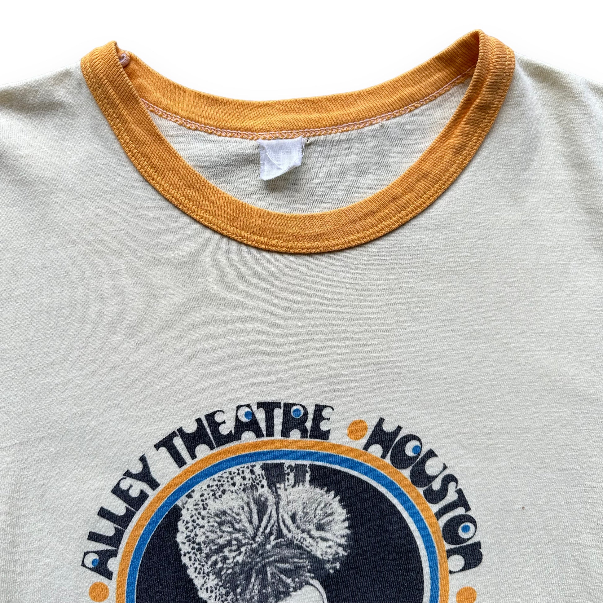 Upper Front Faded Tag View on Vintage 1976 Alley Theatre Houston Summer Film Festival Ringer Tee SZ M | Vintage T-Shirts Seattle | Barn Owl Vintage Tees Seattle