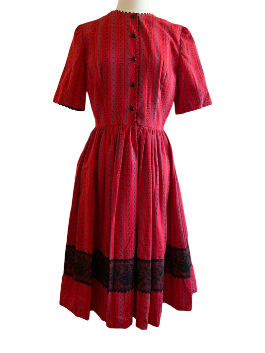 Vintage 1950s Red Corduroy Dress SZ S-M |  Barn Owl Vintage | Seattle Vintage Dresses Full front view.